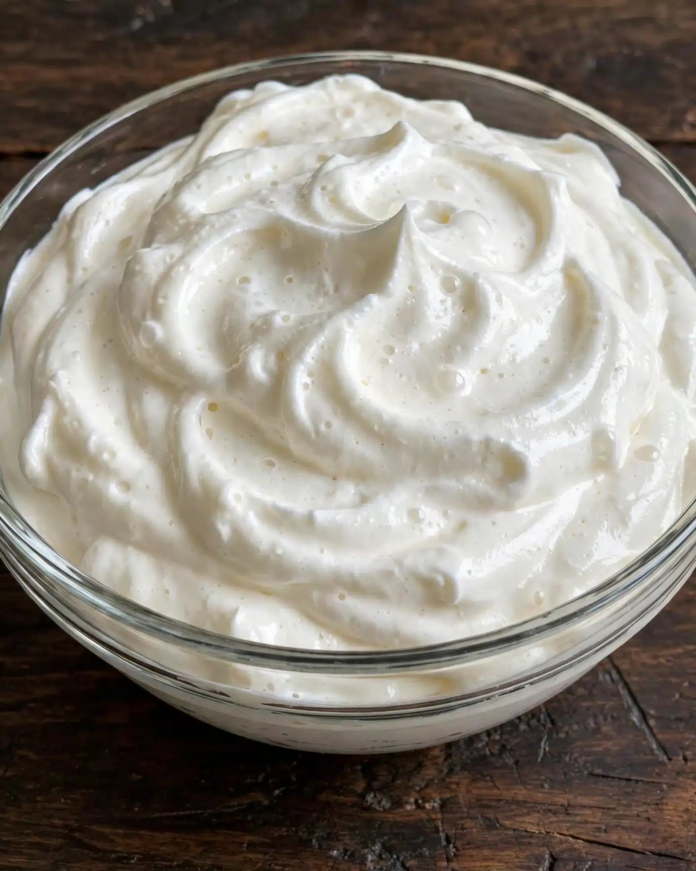 Key Lime Mousse Recipe 4 A clear glass bowl filled with a smooth, thick white cream that has soft peaks and swirls all over its surface, showing a light, fluffy texture. The bowl is placed on a dark wooden surface, contrasting with the creamy white color inside. Small air bubbles and a slight shine can be seen on the cream, giving it a fresh and soft appearance. Photo taken with an iphone --ar 4:5 --v 7