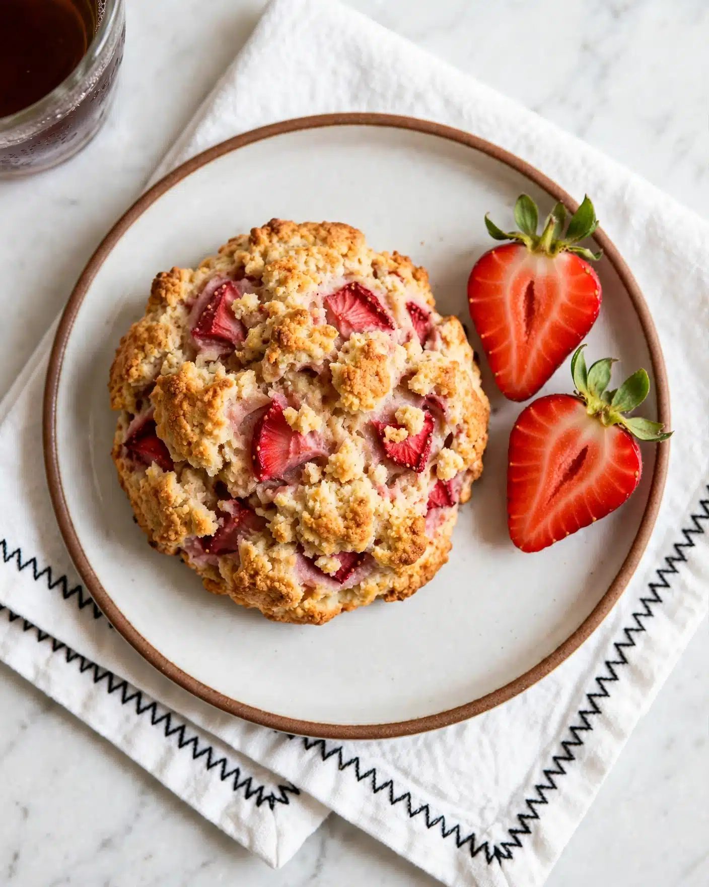 A round white plate with a brown rim holds a crumbly, golden-brown scone mixed with chunks of red strawberries. Next to the scone are two halves of a fresh strawberry showing their bright red inside with green tops still attached. The plate is placed on a white cloth napkin with black zigzag stitching, all set against a white marbled surface. In the top left corner, part of a clear cup with dark tea is visible. photo taken with an iphone --ar 4:5 --v 7