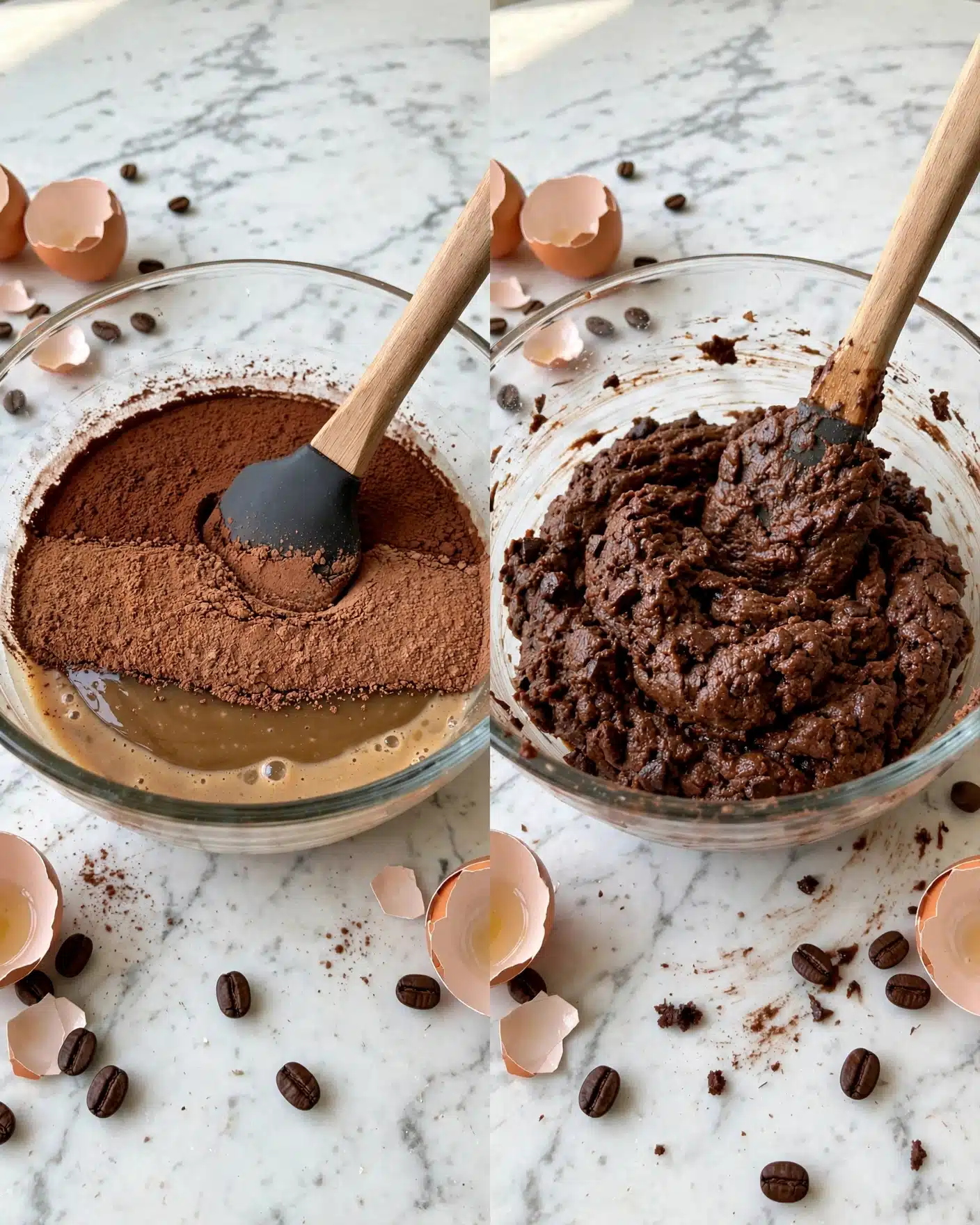 Espresso Martini Cookies Recipe 4 The image shows two photos side by side of a glass bowl on a white marbled surface. The left side has a bowl with a mixture of light brown wet ingredients at the bottom and a dry cocoa-flavored powder on top, creating two visible layers. A wooden spatula with a black silicone tip rests inside the bowl, touching both layers. Surrounding the bowl are some coffee beans and cracked egg shells. The right side shows the same bowl after the dry ingredients have been mixed into a dark brown, thick, chunky dough. The wooden spatula is now fully immersed in the dough, which has a textured, dense look with some small darker bits visible. The background is the same white marble surface with scattered coffee beans and egg shells. photo taken with an iphone --ar 4:5 --v 7