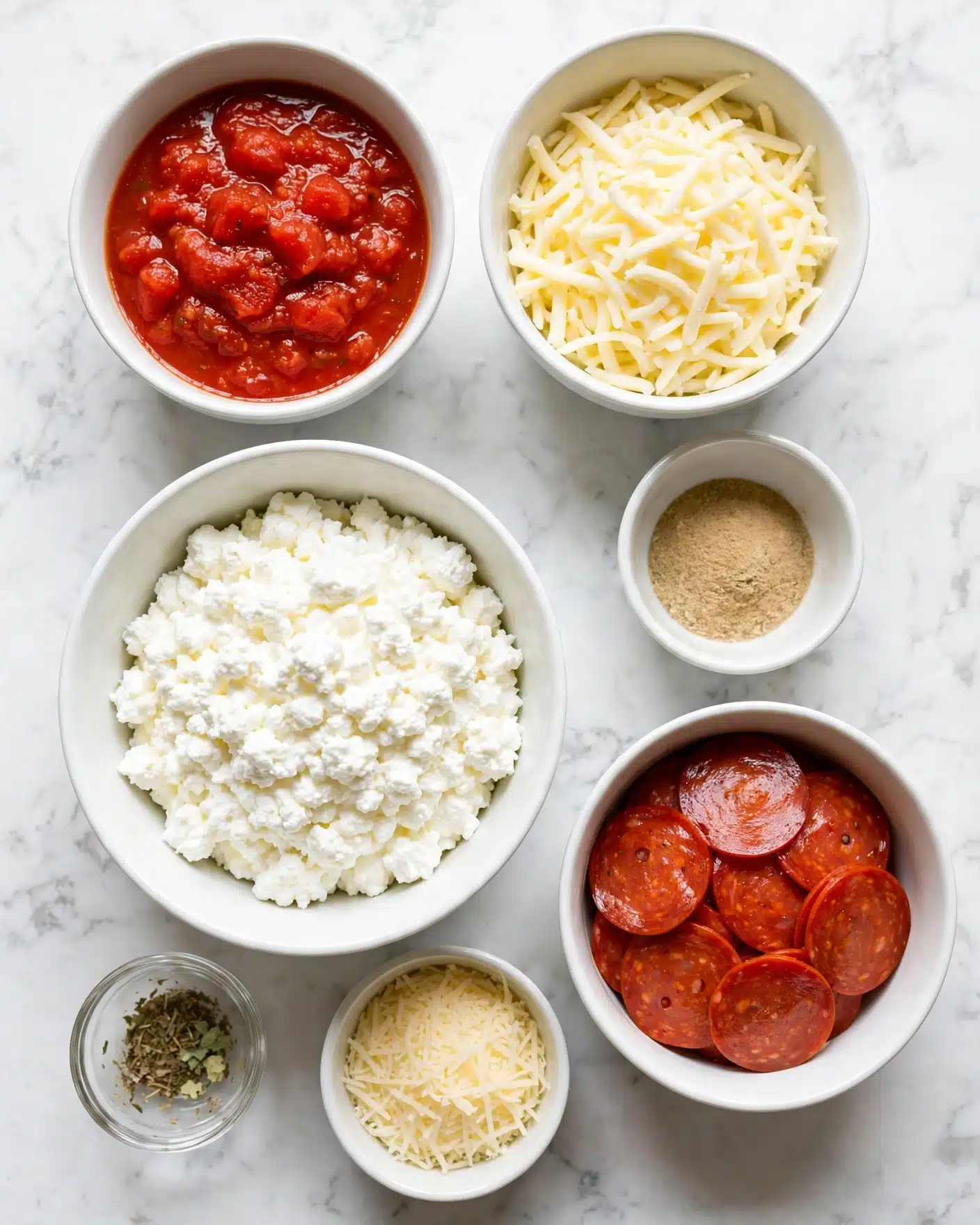 Quick Baked Cottage Cheese Pizza Bowl Dip Recipe 4 The image shows six white bowls on a white marbled surface. The biggest bowl in the middle bottom holds white cottage cheese with a soft, lumpy texture. To the top left is a medium white bowl filled with bright red chunky tomato sauce. To the top right, a medium white bowl contains shredded pale yellow mozzarella cheese. Below the mozzarella bowl, a small white bowl is filled with a light brown powder, likely seasoning. Just below the cottage cheese bowl is a small white bowl with fine, shredded pale yellow cheese, probably Parmesan. To the right of this is a medium white bowl filled with round slices of bright red pepperoni with a shiny surface. There is also a tiny clear glass bowl with dried green herbs near the bottom left. The overall setup is neat, showing all ingredients clearly. photo taken with an iphone --ar 4:5 --v 7