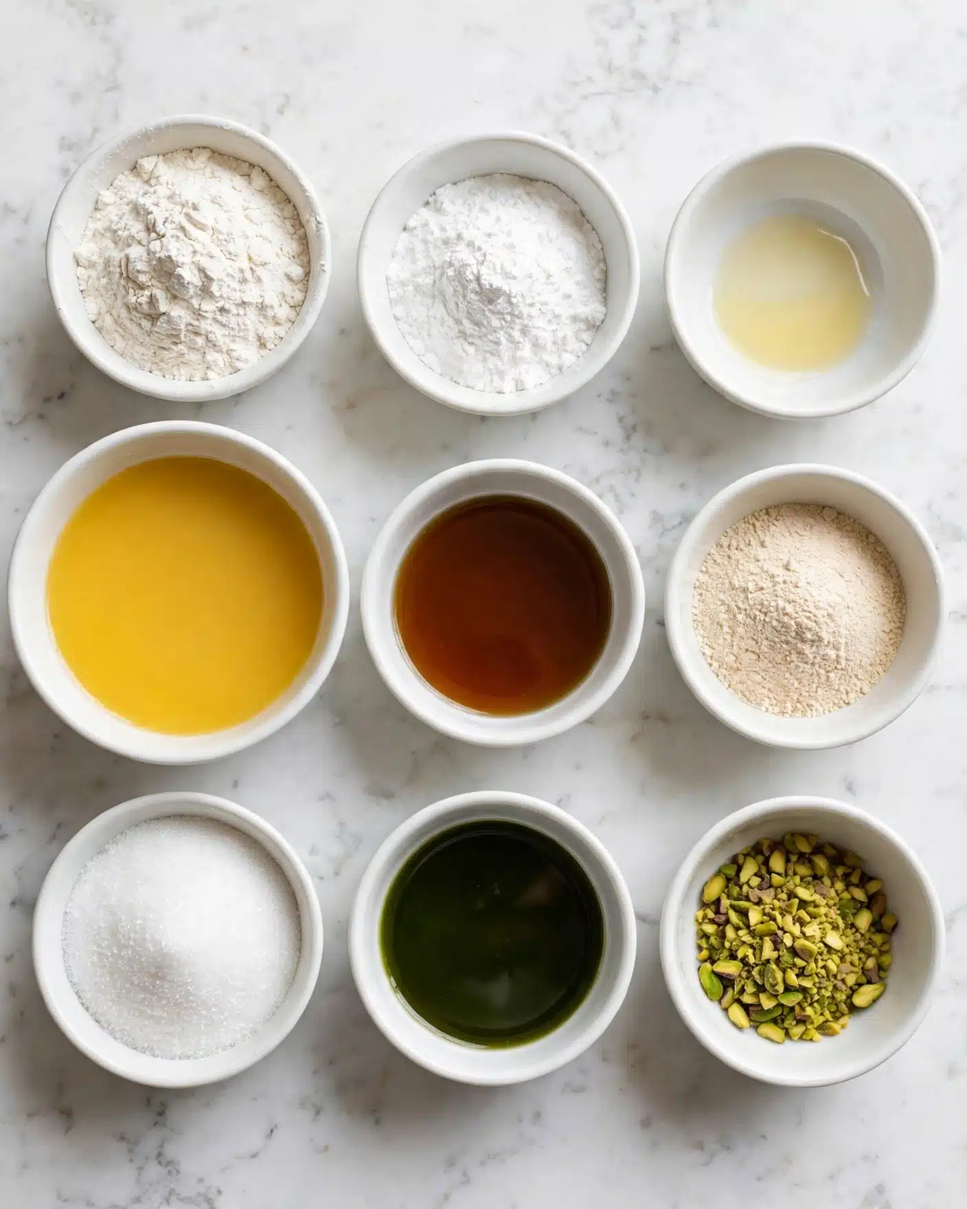 The image shows nine small white bowls arranged neatly on a white marbled surface, each filled with different cooking ingredients. Starting from the top left, a bowl is full of white flour with a rough texture. To the right is a bowl with white powder, looking fine and fluffy. Below it, a bowl holds a small amount of pale yellow liquid. On the left side of the image, there is a large bowl filled with a golden-yellow liquid. Next to it, a bowl contains dark amber liquid with a smooth surface. Below is a bowl with thick white granulated sugar. Adjacent to it, at the center, a small bowl displays a dark green syrupy liquid. To the right, another small bowl holds a light beige powder. The final bowl at the bottom right is filled with chopped green pistachios. All bowls are ceramic and have smooth texture edges. The photo taken with an iphone --ar 4:5 --v 7