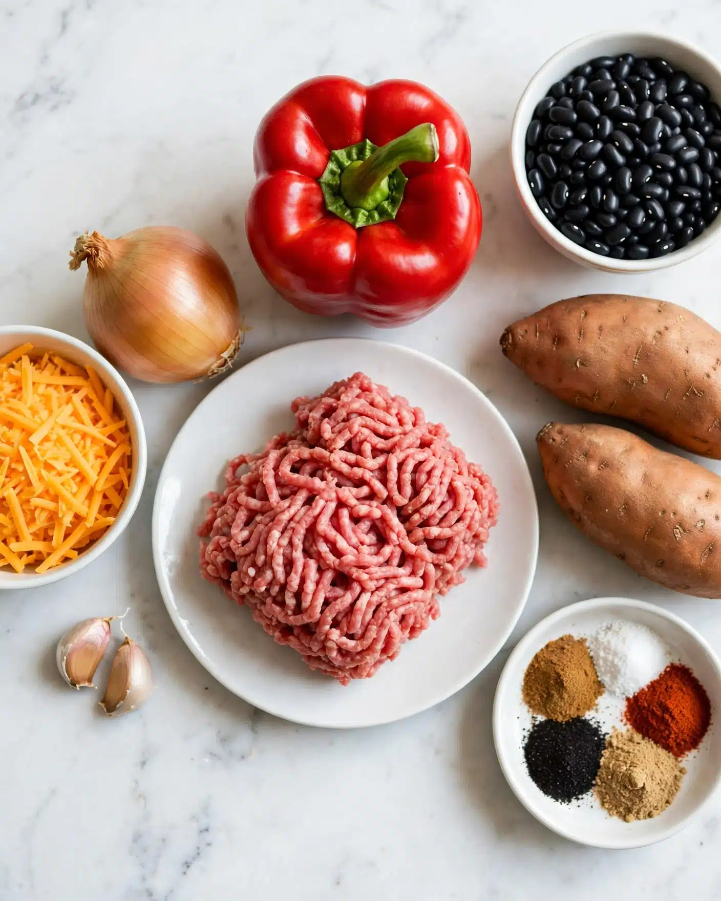 The image shows several raw ingredients neatly arranged on a white marbled surface. In the center, there is a white plate holding a block of pink raw ground meat with visible strands. To the left, there is a whole light brown onion, a white bowl filled with shredded bright orange cheese, and two garlic cloves placed near the edge. Behind the meat, a large glossy red bell pepper sits with its green stem facing forward. To the right, two whole brown sweet potatoes are placed side by side. In the upper right corner, a white bowl is filled with shiny black beans. Below the beans, another white bowl holds an assortment of colorful spices, carefully separated into small piles, including brown, white, red, black, and tan powders. The whole setup is bright and evenly lit by natural light. photo taken with an iphone --ar 4:5 --v 7