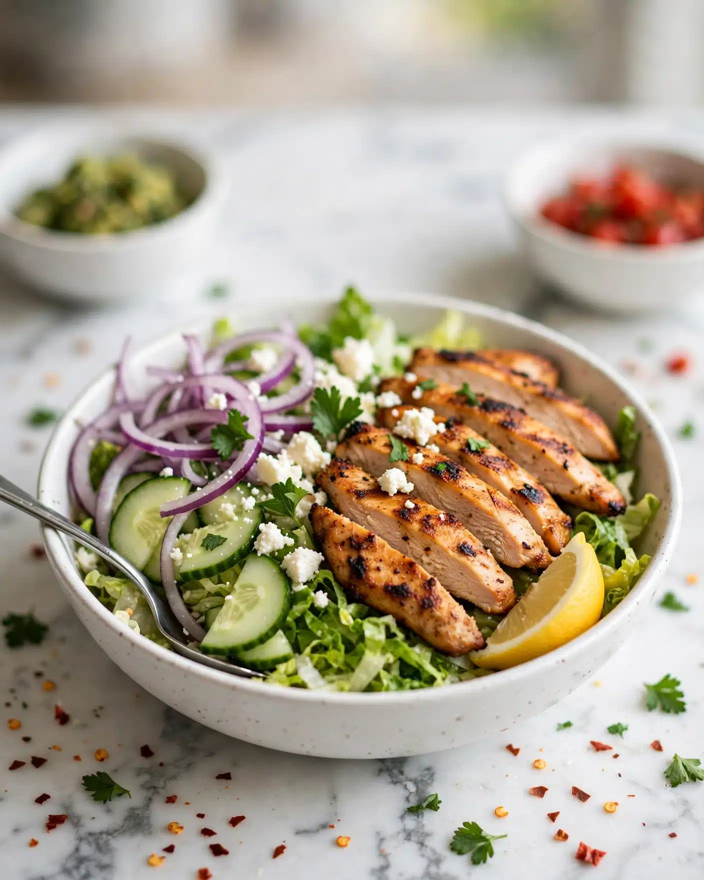 A white bowl holds a layered dish starting with a bed of shredded green lettuce at the bottom. On the right, several pieces of grilled white chicken slices with light browning and crispy edges are placed over the lettuce. To the left, thinly sliced purple onions and cucumber mix atop the greens. Crumbled white cheese is sprinkled over the chicken and vegetables, and small green parsley leaves are scattered for garnish. A wedge of lemon is seen in the corner of the bowl. The bowl sits on a white marbled surface with some red chili flakes and parsley pieces scattered around. A silver spoon rests inside the bowl near the chicken. In the blurred background, there are two white bowls with additional green and red side items. Photo taken with an iphone --ar 4:5 --v 7