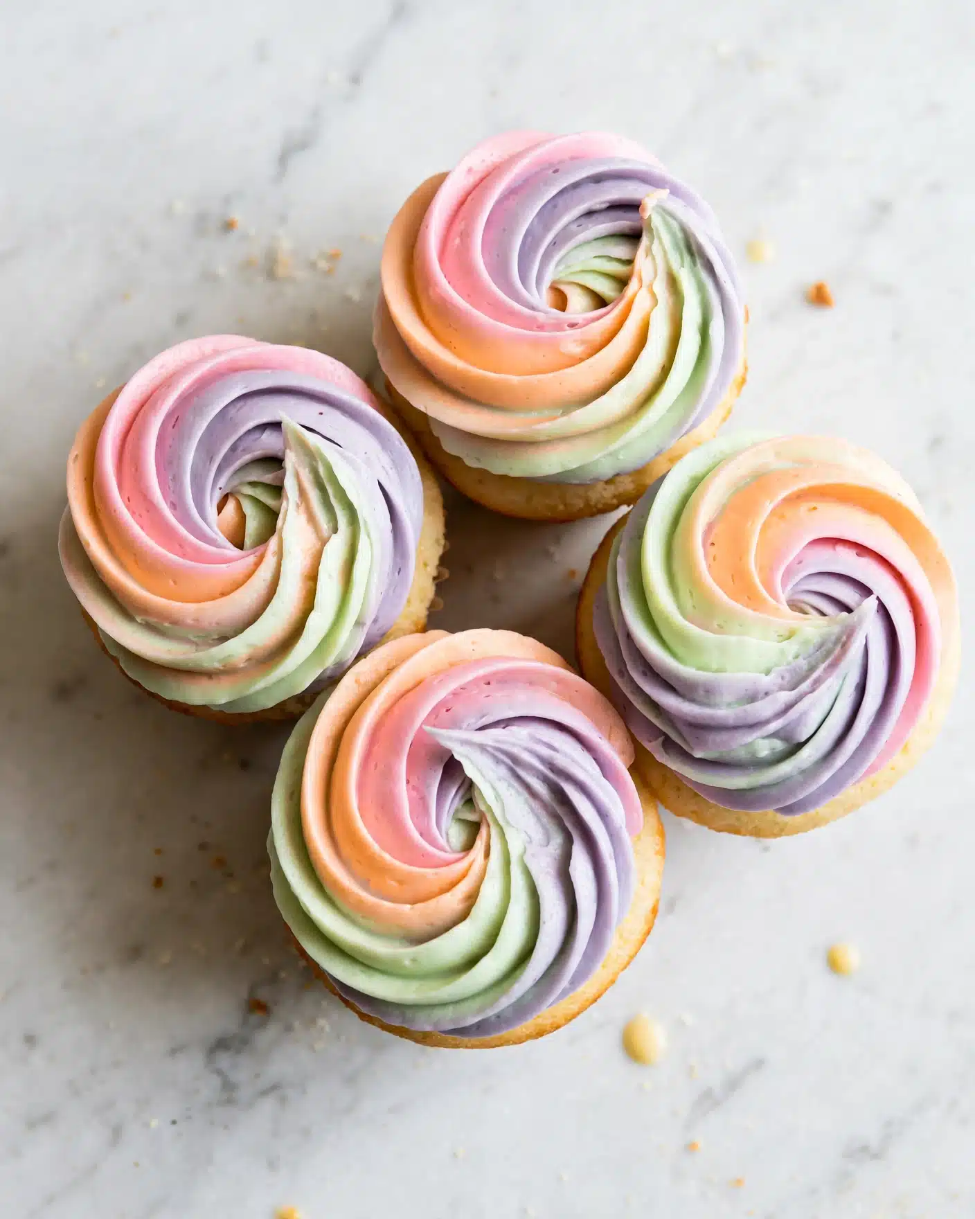 The image shows several cupcakes with two layers: the bottom layer is a light golden cake base, and the top layer is thick, swirled icing in soft pastel colors including pink, orange, green, and purple. The icing is piped in a round, ridged swirl pattern that covers the whole top of each cupcake, with the colors blending smoothly. The cupcakes are grouped closely together on a white marbled surface. The icing has a smooth, creamy texture with a gentle shine, and the background is softly blurred to focus on the cupcakes. photo taken with an iphone --ar 4:5 --v 7