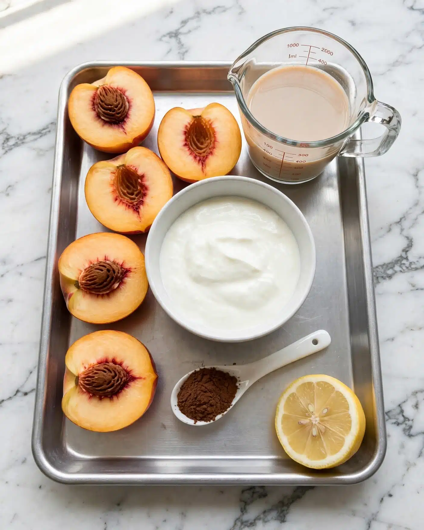 A rectangular metal tray holds several halved peaches with light orange flesh and dark brown pits at the center, arranged around a white bowl filled with thick white yogurt placed in the middle. On the top right corner of the tray, there is a clear glass measuring cup filled with a light beige liquid. Below the bowl, a small white spoon contains a dark brown powder. At the bottom right corner of the tray, there is a half lemon with pale yellow flesh and visible seeds. The tray is set on a white marbled surface. Photo taken with an iphone --ar 4:5 --v 7