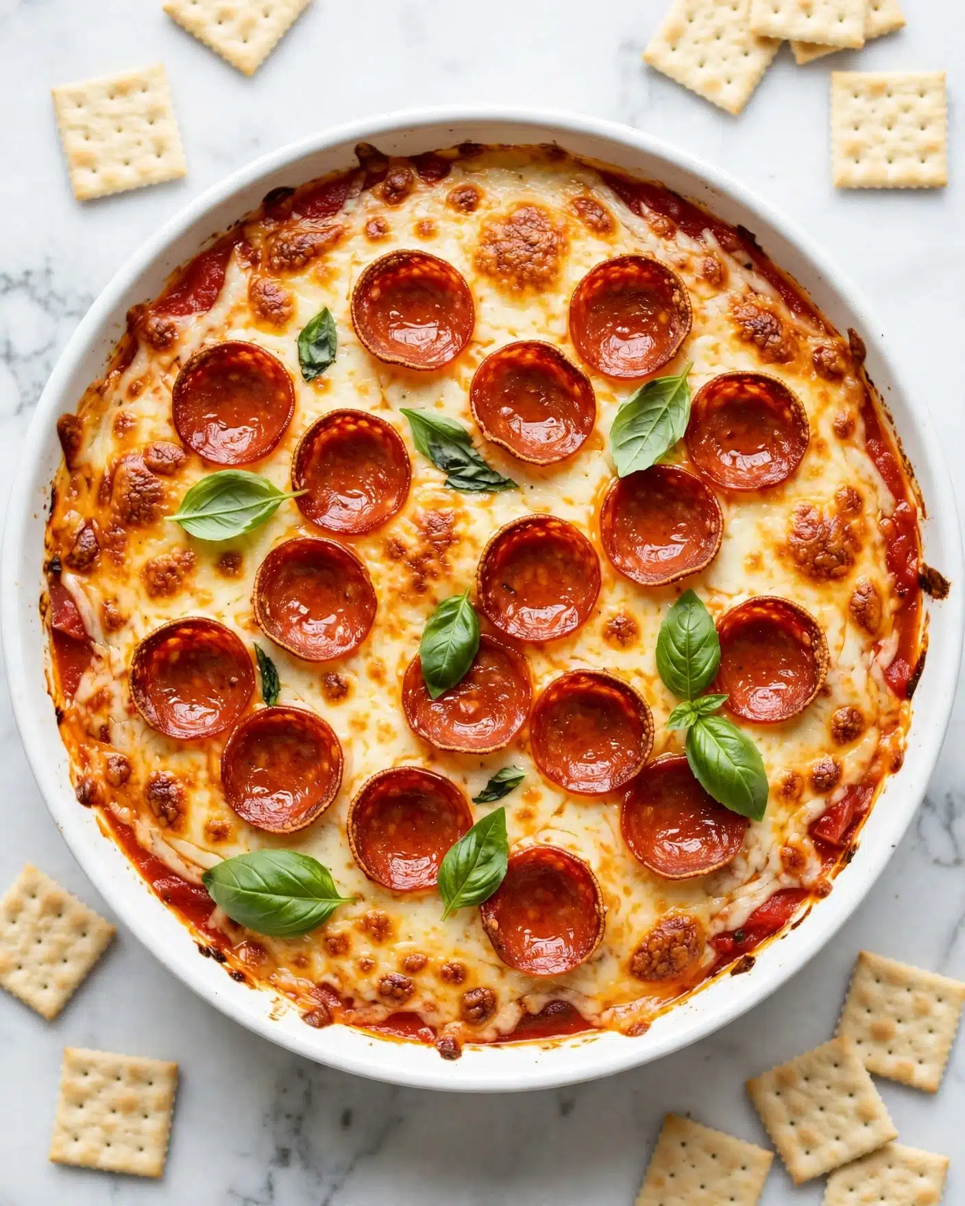 Quick Baked Cottage Cheese Pizza Bowl Dip Recipe 5 A white dish filled with one layer of melted cheese showing a golden brown and bubbly texture, spread evenly over a layer of bright red tomato sauce. On top, there are round, shiny, reddish-brown pepperoni slices, slightly curled at the edges with a glossy surface. Fresh green basil leaves are scattered on the top as a garnish. The dish is placed on a white marbled surface with light beige square crackers around it. photo taken with an iphone --ar 4:5 --v 7