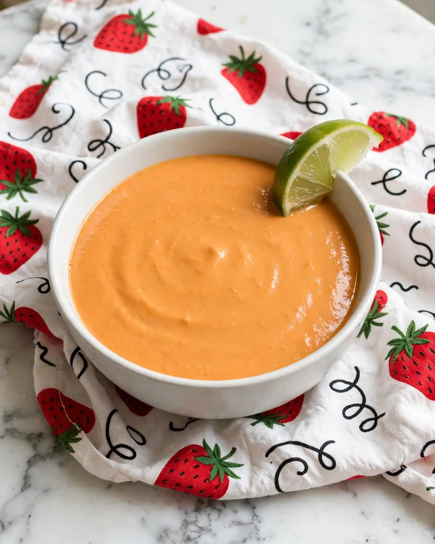 A white bowl filled with a smooth orange sauce with a slightly shiny surface sits on a white marbled texture covered by a cloth with red strawberries and black squiggly lines. On the rim of the bowl, there is a fresh green lime wedge angled outward. The sauce fills the bowl nearly to the top and shows a creamy texture. Photo taken with an iphone --ar 4:5 --v 7