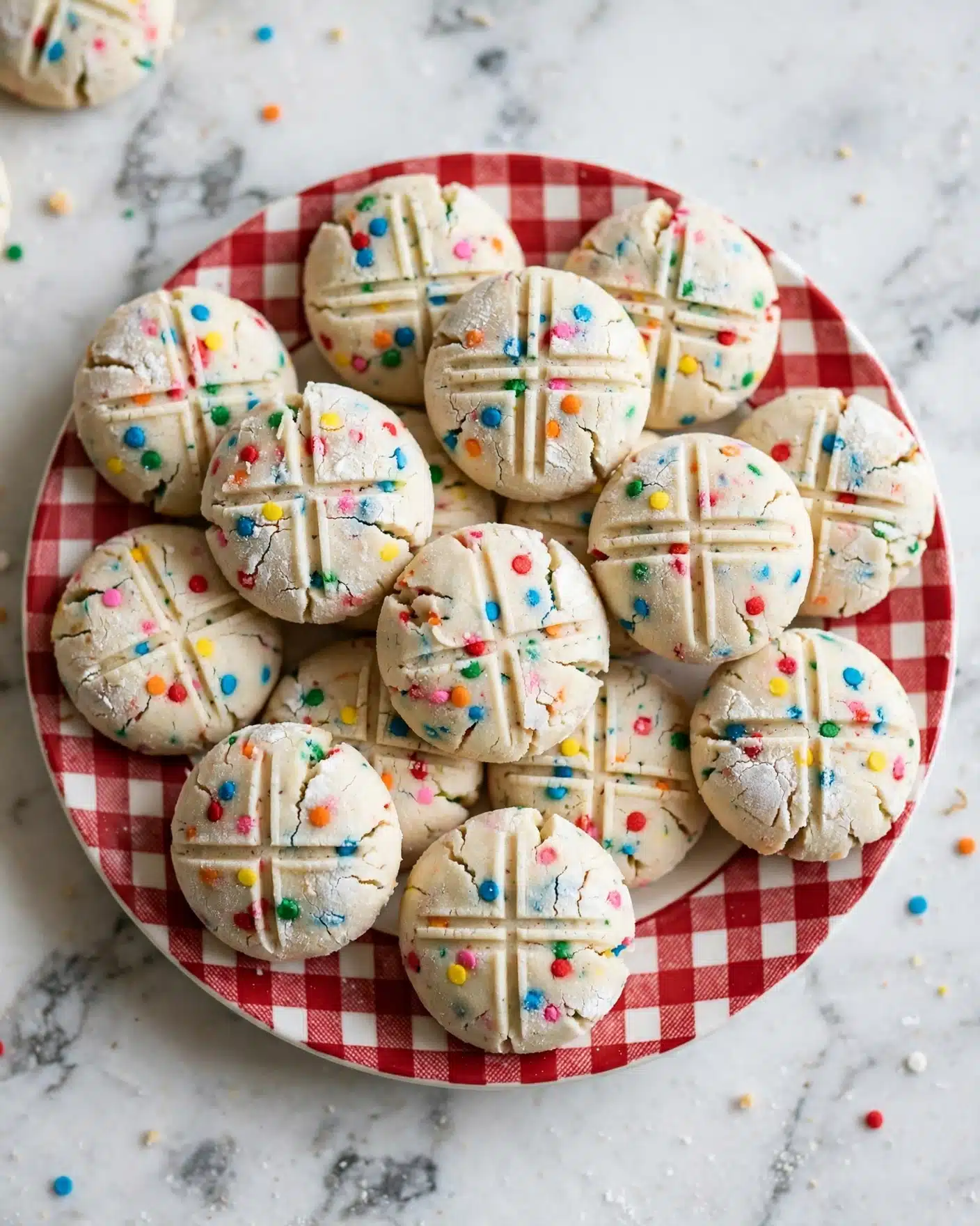 Keto Cream Cheese Mints Recipe 5 The image shows many small round white cookies with colorful round sprinkles mixed inside the dough. Each cookie has four thin pressed lines across the top surface. The cookies are placed close together on a white plate with a red and white plaid pattern, set on a white marbled surface. The cookies have a soft, powdery texture with a slightly cracked edge. photo taken with an iphone --ar 4:5 --v 7
