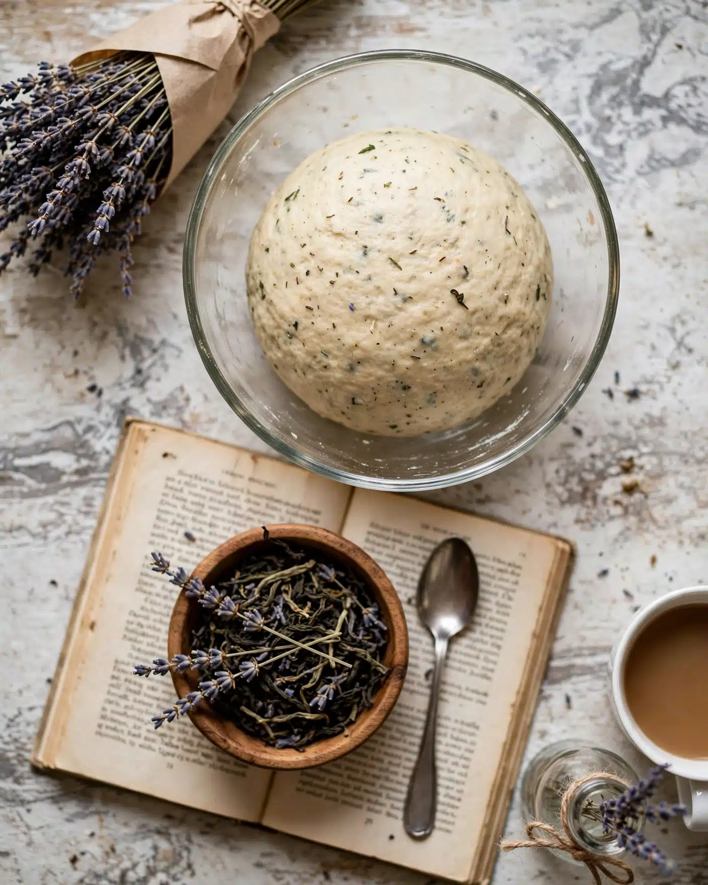 London Fog Rolls with Earl Grey Tea and Lavender Cream Cheese Frosting Recipe 4 A smooth, round ball of dough with specks of herbs is placed in a clear glass bowl at the center of the image. The bowl sits on a rustic white marbled wooden table. To the top left, there is a small bunch of dried lavender flowers wrapped in light brown paper. Below the bowl, an open book lies flat with a wooden bowl filled with dried tea leaves and lavender sprigs resting on the book's pages. A silver spoon is placed next to the wooden bowl. At the bottom right, part of a white teacup filled with light brown tea is visible, along with a small glass bottle tied with jute string containing a sprig of lavender. Photo taken with an iphone --ar 4:5 --v 7