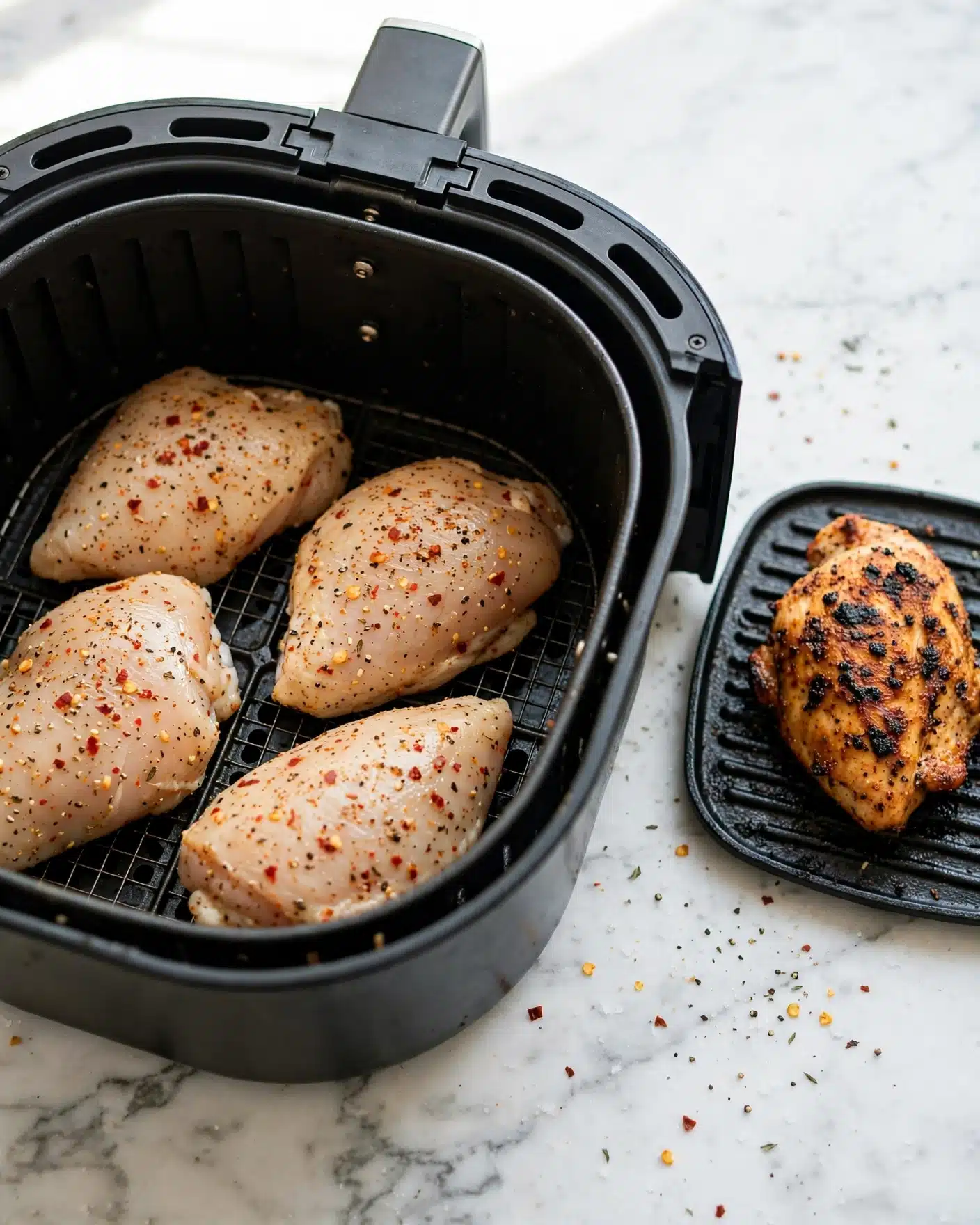 The image shows four pieces of seasoned chicken inside a black air fryer basket on a white marbled surface. The chicken pieces are light beige with specks of red and black spices evenly spread over their surfaces. The first photo gives a top view of the raw chicken, showing their smooth texture with visible seasoning. The second close-up photo focuses on one cooked chicken piece that has a golden-brown crust with charred spots, showing a slightly rough texture with visible seasoning bits on a black grill plate. Photo taken with an iphone --ar 4:5 --v 7