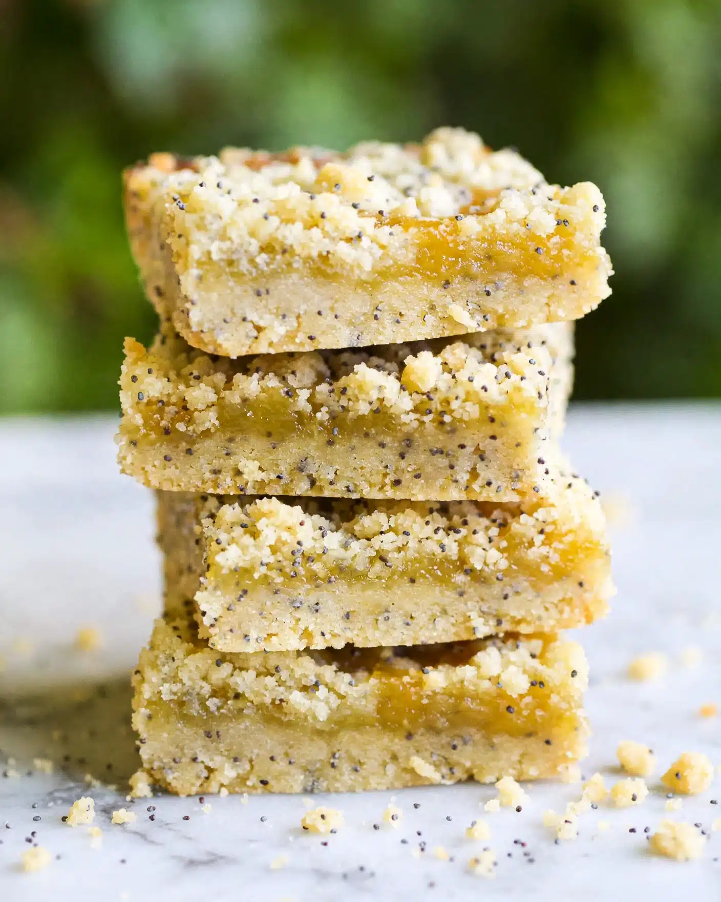 Lemon Poppy Seed Bars Recipe 5 A close-up view of a stack of four crumbly lemon poppy seed bars on a white marbled surface, each bar showing two main layers: a pale yellow, soft base mixed with poppy seeds and a brighter yellow jelly-like lemon layer with a crumbly streusel topping that is light and dotted with poppy seeds. The bars have a rough, textured top with small chunks of streusel, and the sides reveal the moist interior with poppy seeds spread throughout. The background is softly blurred with green tones, giving a fresh feel, photo taken with an iphone --ar 4:5 --v 7