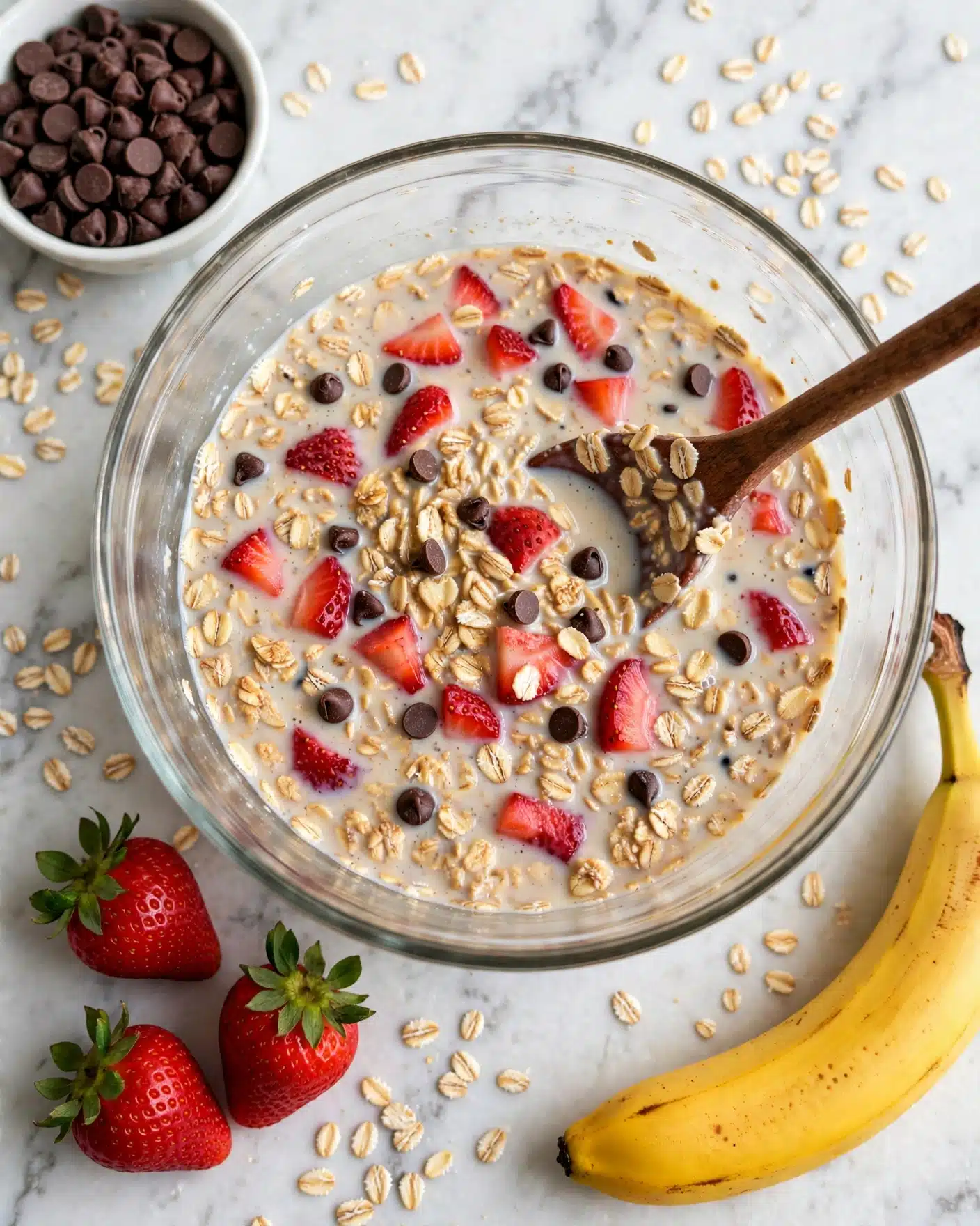 Strawberry Banana Baked Oatmeal Recipe 4 A clear glass bowl filled with a mixture of light beige oats soaked in milk, scattered with small dark brown chocolate chips and bright red strawberry pieces. A wooden spoon with a dark brown handle is inside the bowl, partially submerged in the oat mixture. Around the bowl on a white marbled textured surface are more scattered oats, three whole fresh strawberries with green leaves, a ripe yellow banana in the bottom right, and a small white bowl filled with chocolate chips in the top left. photo taken with an iphone --ar 4:5 --v 7