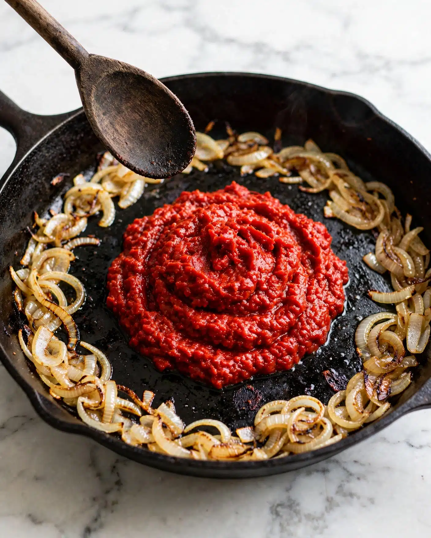 Hong Kong Curry Fish Balls Recipe 4 Inside a black frying pan, there is a layer of light brown cooked onions spread around the edges, with a thick, vibrant red paste piled in the center. A dark wooden spoon with a worn texture angles from the top left corner, hovering above the red paste. The pan shows light cooking marks and a bit of shine, indicating heat. The whole scene is set on a white marbled surface. photo taken with an iphone --ar 4:5 --v 7
