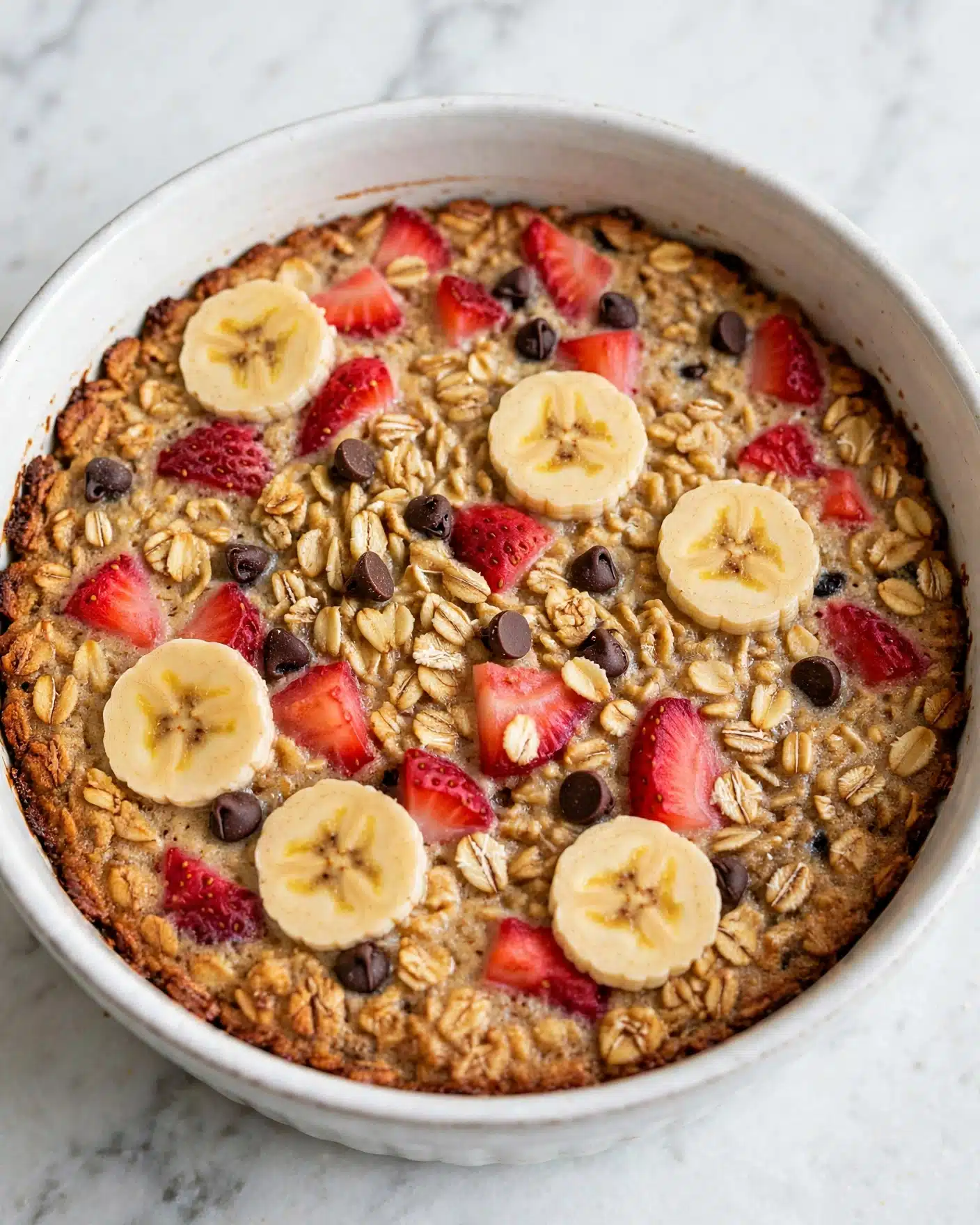 Strawberry Banana Baked Oatmeal Recipe 5 A white bowl filled with a layered oat dish soaked in milk, showing a mix of creamy light brown oats, sliced golden bananas, and bright red strawberry pieces scattered on top and within the oats; small dark chocolate chips are sprinkled throughout, adding texture and contrast. In the background, a white baking dish with the same oat mixture is visible, along with three fresh red strawberries nearby on a white marbled surface. To the right, a shiny gold spoon lies flat. The scene is bright and clean, emphasizing natural colors and textures. Photo taken with an iphone --ar 4:5 --v 7