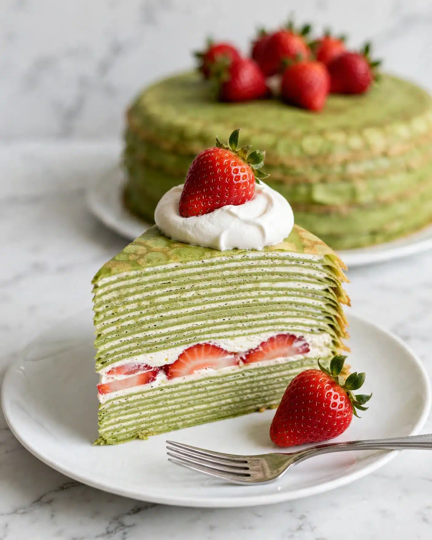Matcha Mille Crepe Cake Recipe 5 A tall slice of green layered crepe cake sits on a white plate with a white marbled texture underneath. The cake has many thin green crepe layers stacked alternating with thin white cream layers. Near the lower middle, there is one layer with thin red strawberry slices and white cream. On top of the slice, there is a dollop of white whipped cream with a single red strawberry. In the background, a larger green crepe cake topped with strawberries is slightly out of focus. A single whole strawberry lies next to the slice on the plate with a silver fork nearby. Photo taken with an iphone --ar 4:5 --v 7