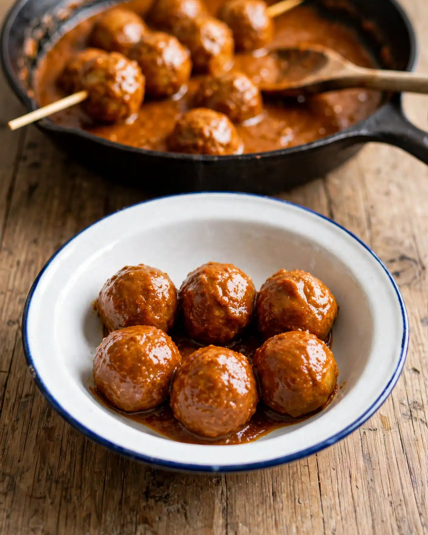 Hong Kong Curry Fish Balls Recipe 5 A white bowl with blue trim filled with six shiny brown round balls covered in a thick orange-brown sauce. Behind, a black pan holds more of these balls on a skewer, submerged in the same sauce, with a wooden spoon resting in the pan. The scene is set on a wooden texture surface. Photo taken with an iphone --ar 4:5 --v 7