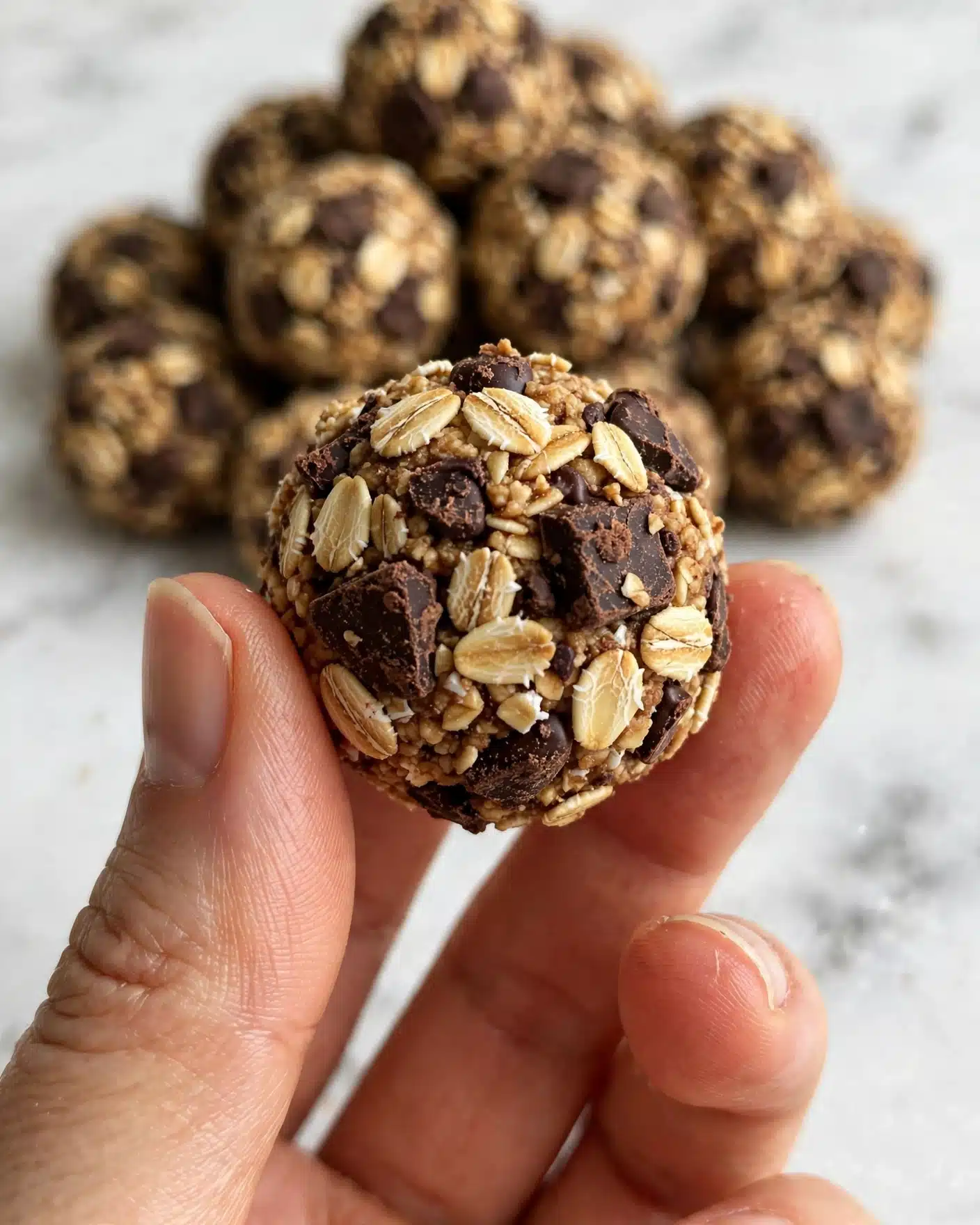 A close-up of a small round ball made of oats and chocolate chips held by a woman's hand with three fingers visible. The ball has a rough texture with many oat flakes and dark chocolate chunks mixed together. In the blurry background, a pile of similar oat and chocolate balls can be seen stacked closely. The whole image shows the details of the balls' mixed ingredients against a clean white marbled surface. photo taken with an iphone --ar 4:5 --v 7