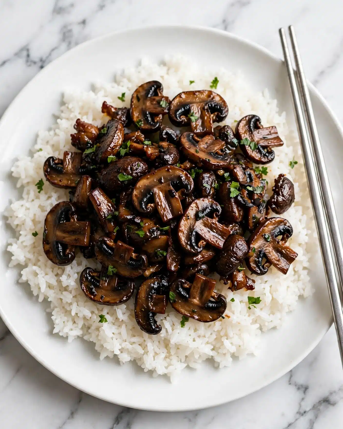 A white plate holds a bed of white rice as the base layer, fluffy and separated grains visible. On top, there is a layer of dark brown cooked mushrooms with a slightly shiny and crispy texture. Small green herb pieces are sprinkled over the mushrooms. A pair of silver chopsticks rest on the right edge of the plate. The plate is set on a white marbled surface. photo taken with an iphone --ar 4:5 --v 7