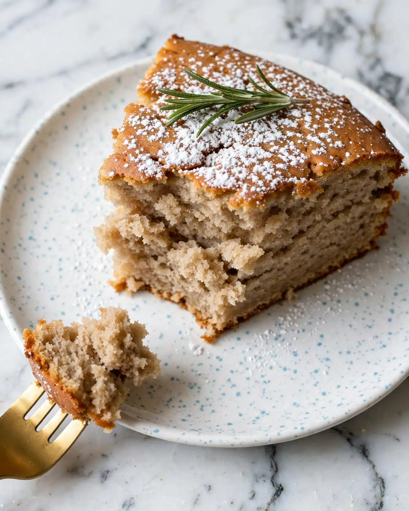 A thick slice of light brown cake with a soft texture on the inside and a golden brown crust on top is placed on a white plate with light blue speckles. The cake is dusted with white powdered sugar and topped with a fresh green rosemary sprig. A piece of the cake is broken off and held by a gold fork resting near the bottom left side of the plate. The plate sits on a white marbled surface. Photo taken with an iphone --ar 4:5 --v 7
