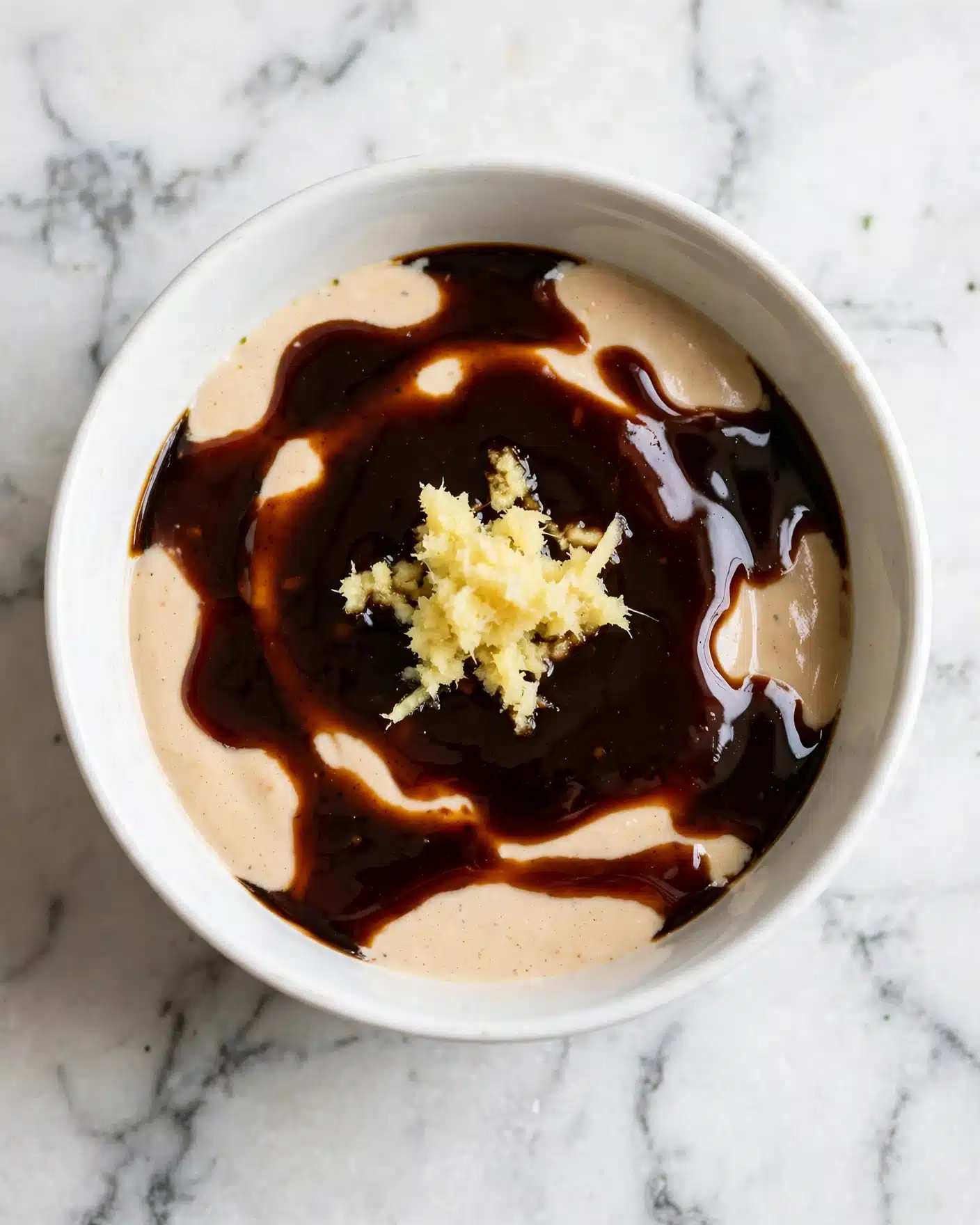 A white bowl sits on a white marbled surface containing three layers of sauce. The bottom layer is a light beige, smooth and creamy. On top of that, there is a thick dark brown sauce that almost looks like soy sauce, partially covering the beige layer. At the center, a small mound of finely grated light yellow substance, resembling fresh ginger, is placed over the sauces. The lighting softly highlights the gloss and texture of the sauces. Photo taken with an iphone --ar 4:5 --v 7