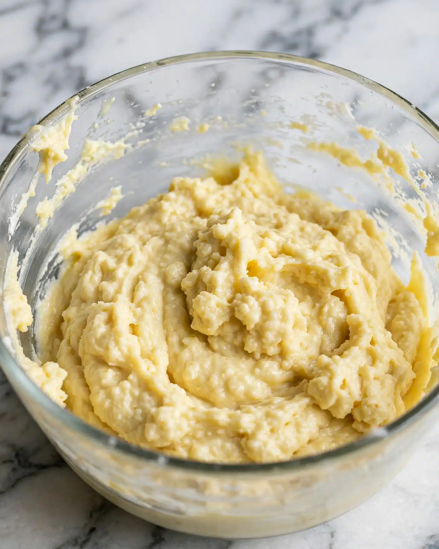 A close up of a clear glass bowl filled with pale yellow, thick, and slightly lumpy batter. The batter fills most of the bowl, showing soft and creamy texture with a few peaks and ridges on the surface. The sides of the bowl show bits of batter smeared against the glass. The background is a white marbled texture. photo taken with an iphone --ar 4:5 --v 7