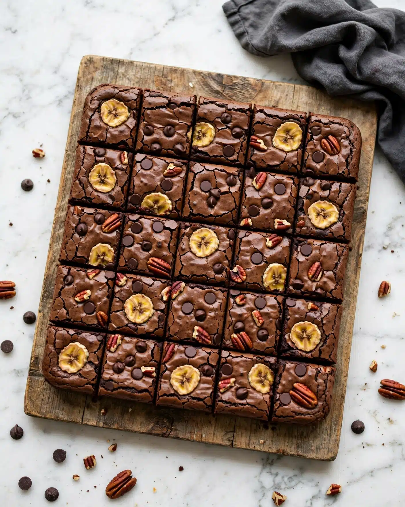 Three thick square pieces of dark brown chocolate banana brownies are stacked on a white speckled plate placed on a white marbled textured surface. The top layer of each brownie shows slices of yellow banana embedded in the rich chocolate batter, with visible chocolate chips and pecan nuts for texture. The middle layer also reveals bits of banana along with a slightly lighter filling, creating a contrast inside the dense brownie. A golden fork lies on the plate's edge, completing the cozy presentation. Photo taken with an iphone --ar 4:5 --v 7