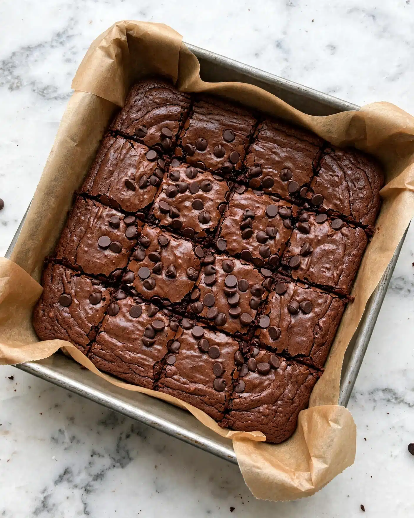 A square tray of chocolate brownies is shown, cut into 16 equal pieces arranged in four rows and four columns. The brownies are dark brown with a smooth, slightly cracked top layer covered in scattered chocolate chips that add texture and shine. The edges are firm and slightly raised, while the inside looks soft and dense. The brownies rest on light brown parchment paper, placed on a white marbled surface. photo taken with an iphone --ar 4:5 --v 7