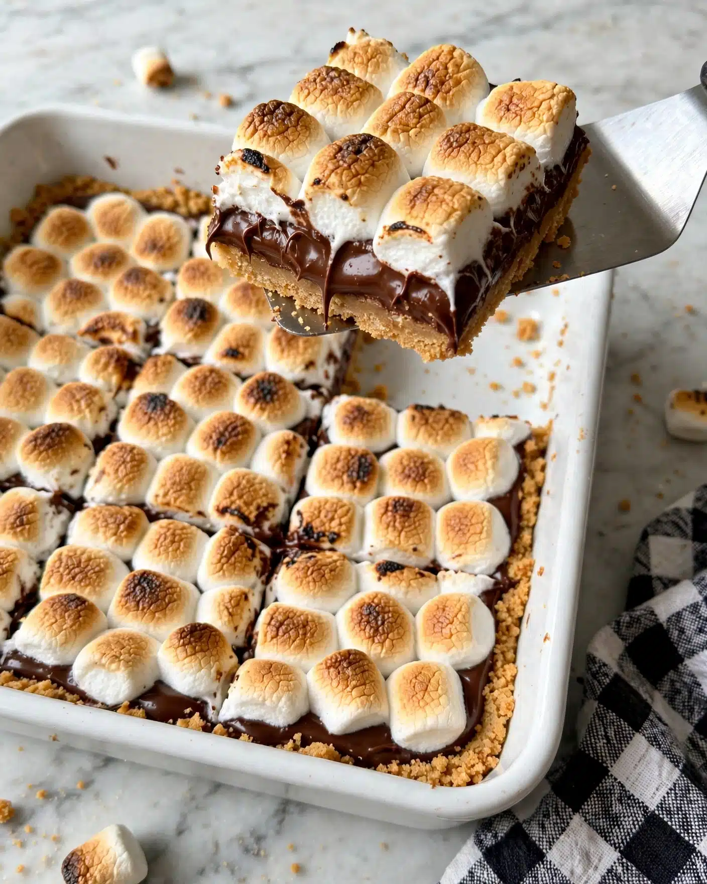 S’mores Bars Recipe 5 A toasted marshmallow bar is shown with three clear layers: the bottom layer is a crumbly golden graham cracker crust, the middle layer is gooey dark chocolate, and the top layer is a thick covering of mini marshmallows toasted to a light golden brown with some darker spots. One square piece is scooped on a metal spatula above the pan, revealing the neat layers. The background features a white marbled surface with a black and white cloth partially visible. photo taken with an iphone --ar 4:5 --v 7