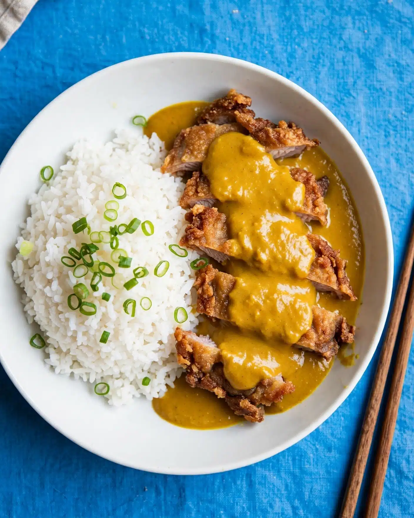 Japanese Chicken Katsu Curry with Crispy Breaded Chicken and Rich Curry Sauce Recipe 5 A white bowl shows two main parts: on the left, a large mound of plain white rice topped with thin green onion slices scattered on top; on the right, several slices of golden brown crispy fried meat laid flat and partly covered with a thick, smooth, golden curry sauce that also spreads slightly under the meat edges. The bowl sits on a bright blue surface with two brown wooden chopsticks placed to the side. Photo taken with an iphone --ar 4:5 --v 7