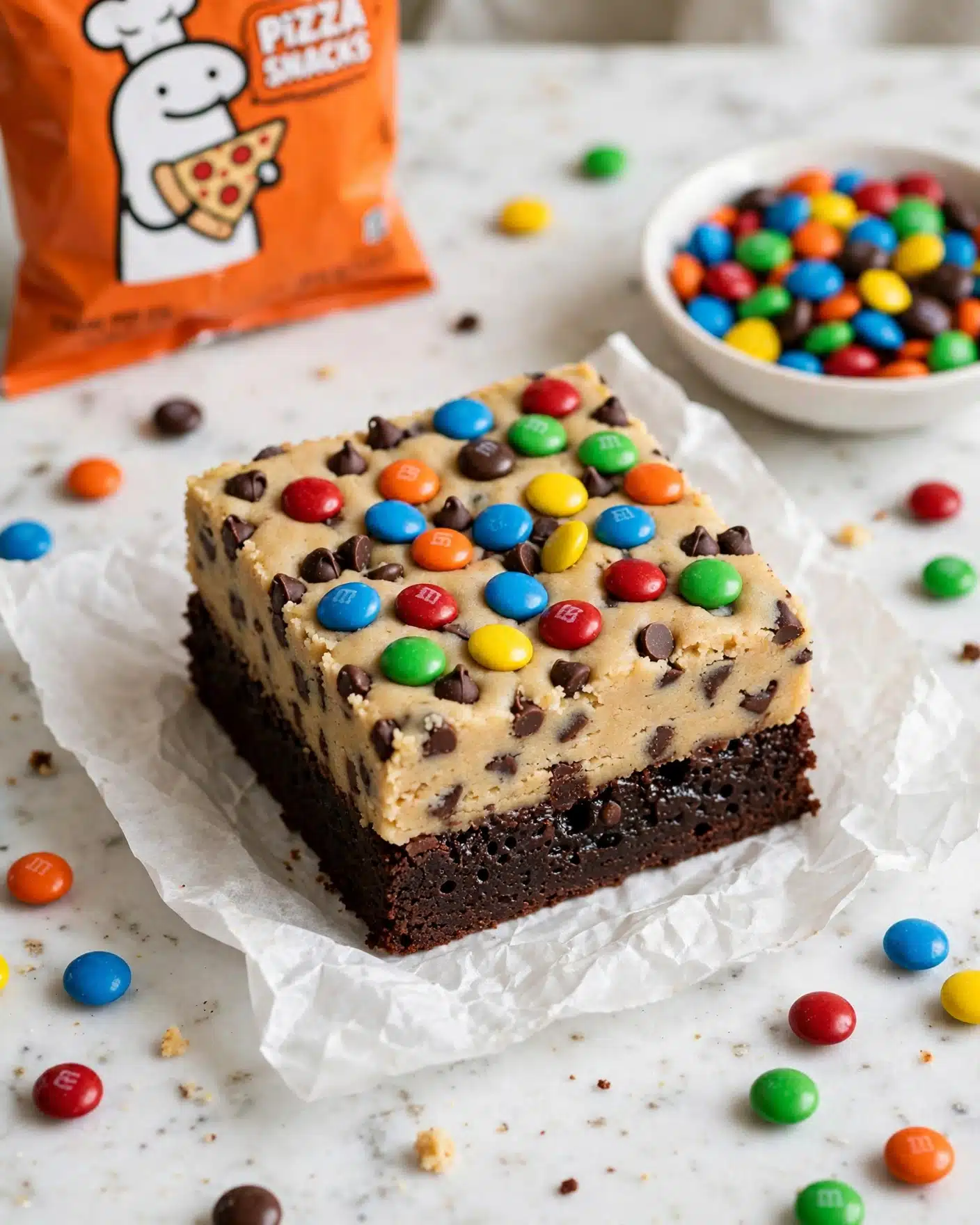Cookie Dough Brownies: Fudgy Brownies Topped with Edible Cookie Dough and Colorful M&M’s Recipe 5 The image shows a two-layer dessert square placed on crumpled white paper over a white marbled surface. The bottom layer is dense and dark brown, looking moist and rich like a chocolate brownie. The top layer is thick and light beige with small chocolate chips scattered throughout, resembling cookie dough. On top of this layer, colorful candy-coated chocolates in red, blue, green, yellow, orange, and brown are spread evenly, adding bright pops of color. In the background, there is an orange bag with a white cartoon figure holding a pizza slice, and a shallow white bowl filled with the same colorful candies is also visible. Some candies are scattered loosely on the surface around the dessert. Photo taken with an iphone --ar 4:5 --v 7