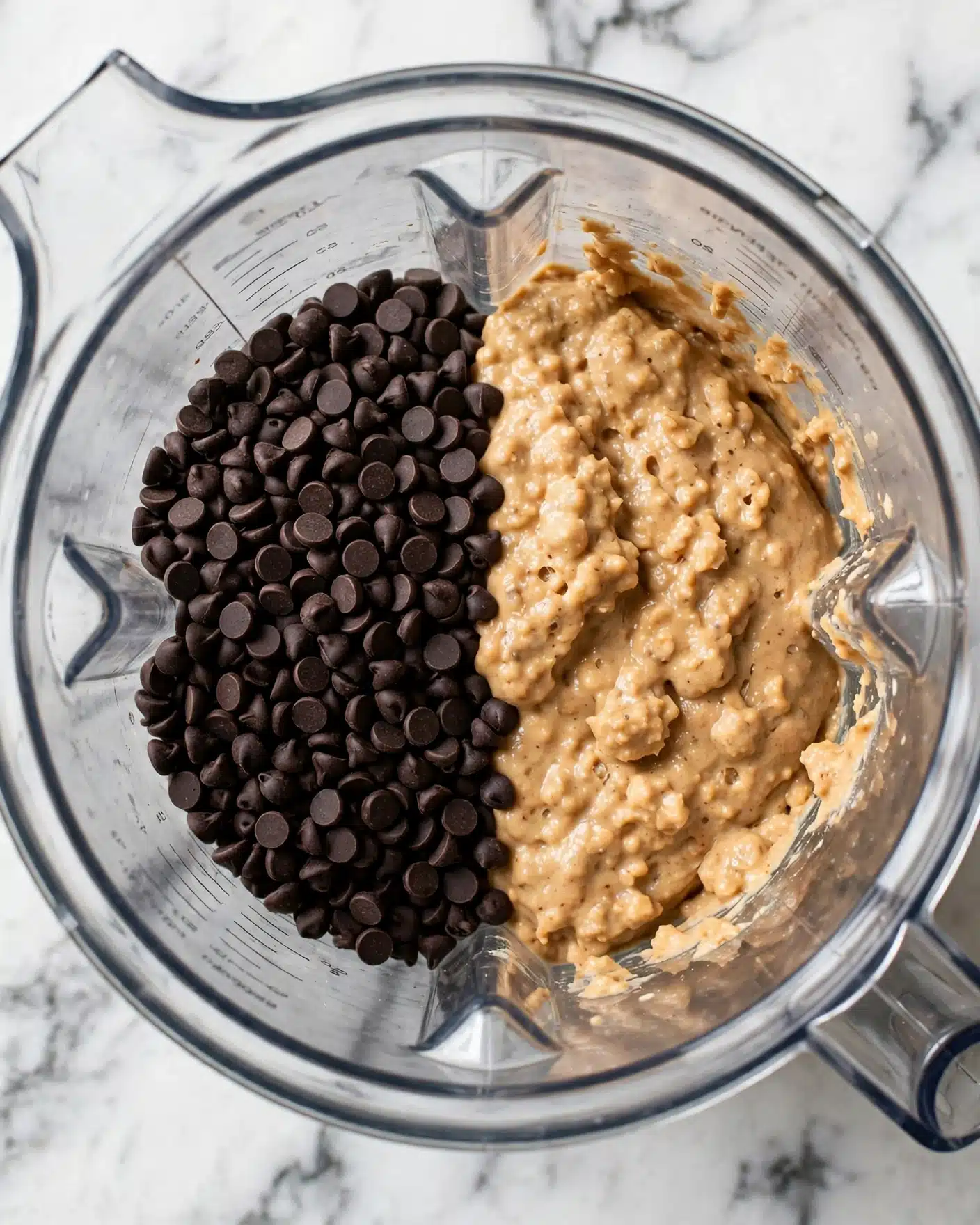 High-Protein Chocolate Chip Cake Bars Recipe 4 A clear blender container is shown from above, with two main layers inside. On the left side, there is a pile of small, round dark chocolate chips forming a smooth, dense layer. On the right side, a thick, creamy light brown mixture with a slightly bumpy texture fills the rest of the container. The whole scene is set on a white marbled surface. photo taken with an iphone --ar 4:5 --v 7