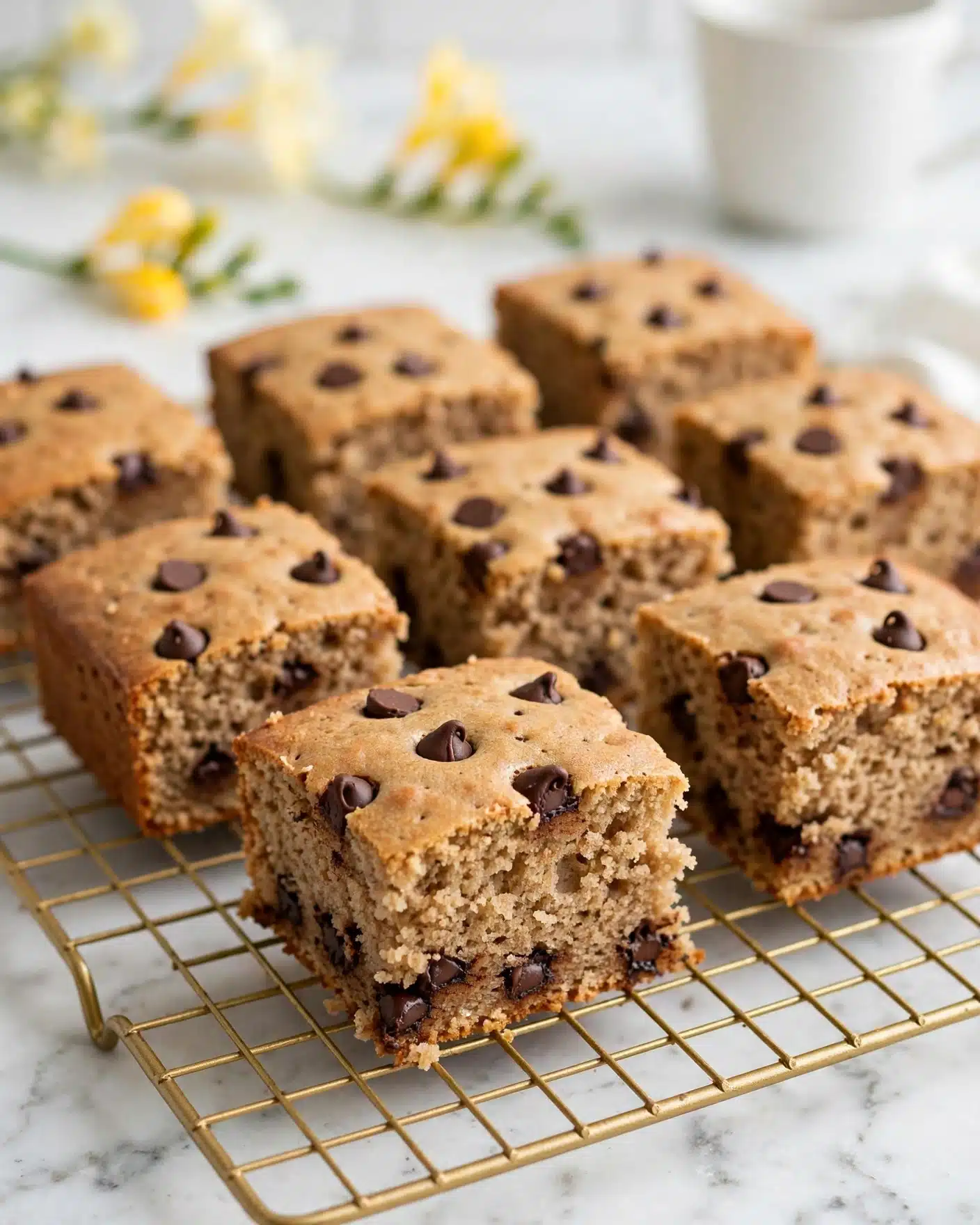 High-Protein Chocolate Chip Cake Bars Recipe 5 The image shows eight square pieces of chocolate chip cake placed on a gold cooling rack. Each piece is light brown with a soft, crumbly texture, and dark chocolate chips are scattered on top and inside the cake showing through the sides. The squares are arranged in two rows, with the front piece in focus showing a moist interior and some chocolate chips near the base. The background is a white marbled surface with blurred light yellow flowers and a white cup adding a soft, bright atmosphere. photo taken with an iphone --ar 4:5 --v 7