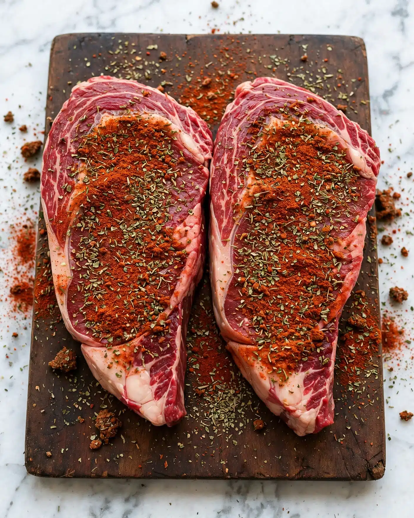 Two raw red steaks with visible marbling lay side by side on a dark brown wooden board. Each steak is covered with a thick layer of dry spices, including a reddish powder and green dried herbs, spread evenly across the top surface. Small bits of the seasoning spill slightly onto the board around the steaks. The background is a white marbled surface. photo taken with an iphone --ar 4:5 --v 7