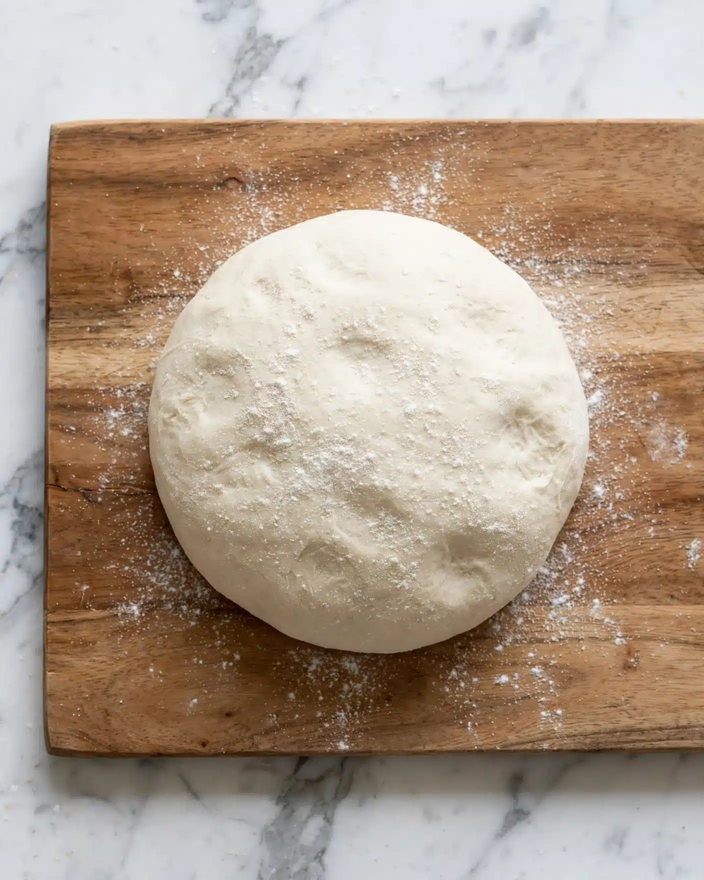 A round dough ball covered lightly with white flour sits on a wooden cutting board, which shows natural wood grain and slight flour dust around the dough. The dough looks soft and smooth with slight dimples on its surface, and the background is a white marbled texture. Photo taken with an iphone --ar 4:5 --v 7