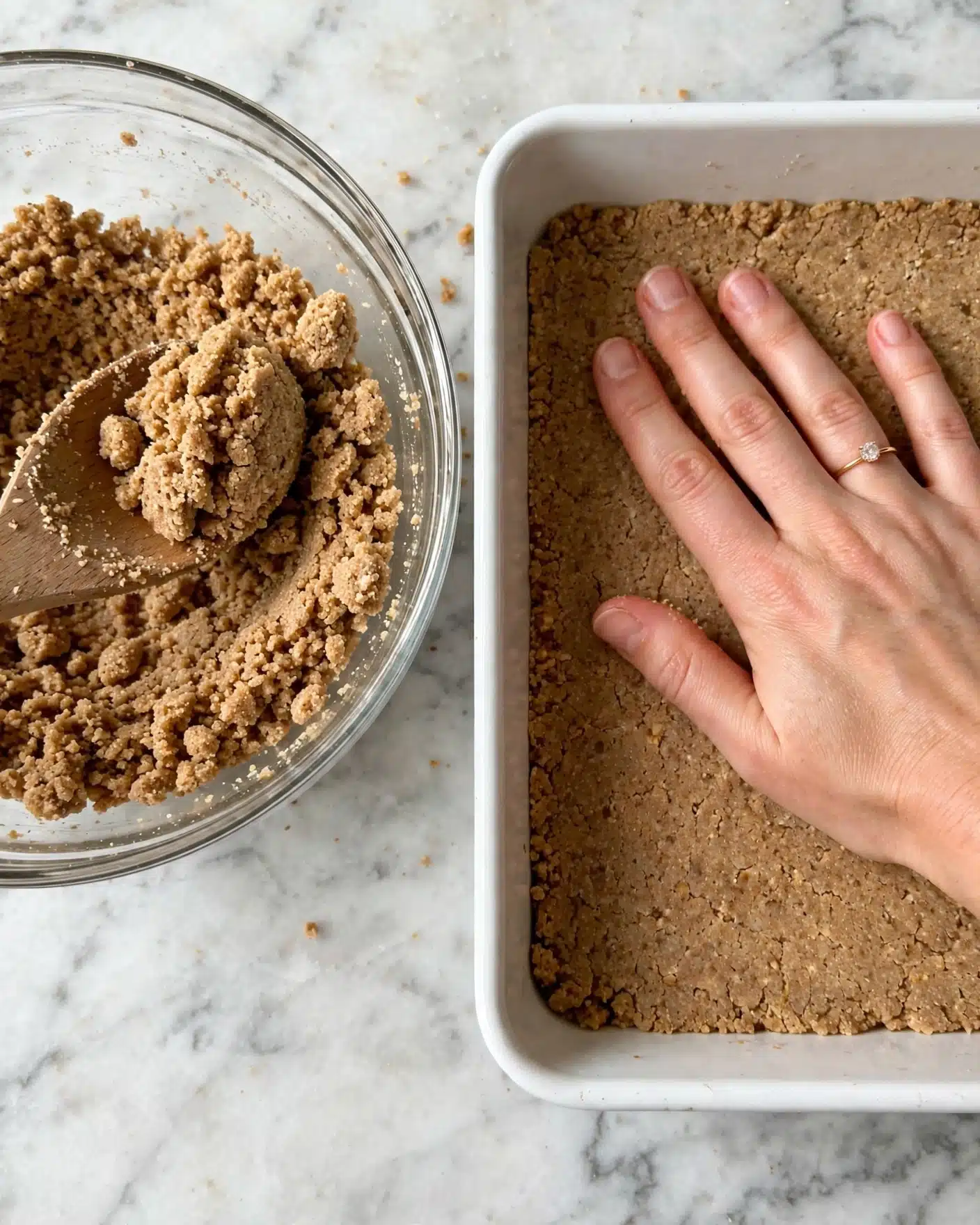S’mores Bars Recipe 4 The image on the left shows a clear glass bowl filled with a crumbly, light brown mixture with a rough texture. A wooden spoon scoops some of the mixture, revealing its grainy, dry appearance. On the right, a woman's hand with a ring is pressing the same crumbly mixture evenly into a white rectangular baking pan. The mixture forms a flat, consistent layer across the pan, and the surface beneath is a white marbled texture. photo taken with an iphone --ar 4:5 --v 7