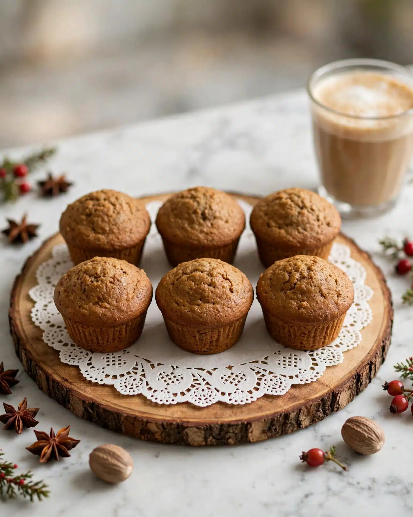 Healthy Gingerbread Muffins Recipe 5 The image shows six brown muffins with a slightly textured, smooth tops arranged in two rows on a white lace paper placed over a round wooden board with bark edges. In the background, a clear glass cup with a light brown frothy drink sits on a white marbled surface. Around the board, there are star anise, nutmeg, and some small red berries as decoration. The scene has a soft, warm light. photo taken with an iphone --ar 4:5 --v 7