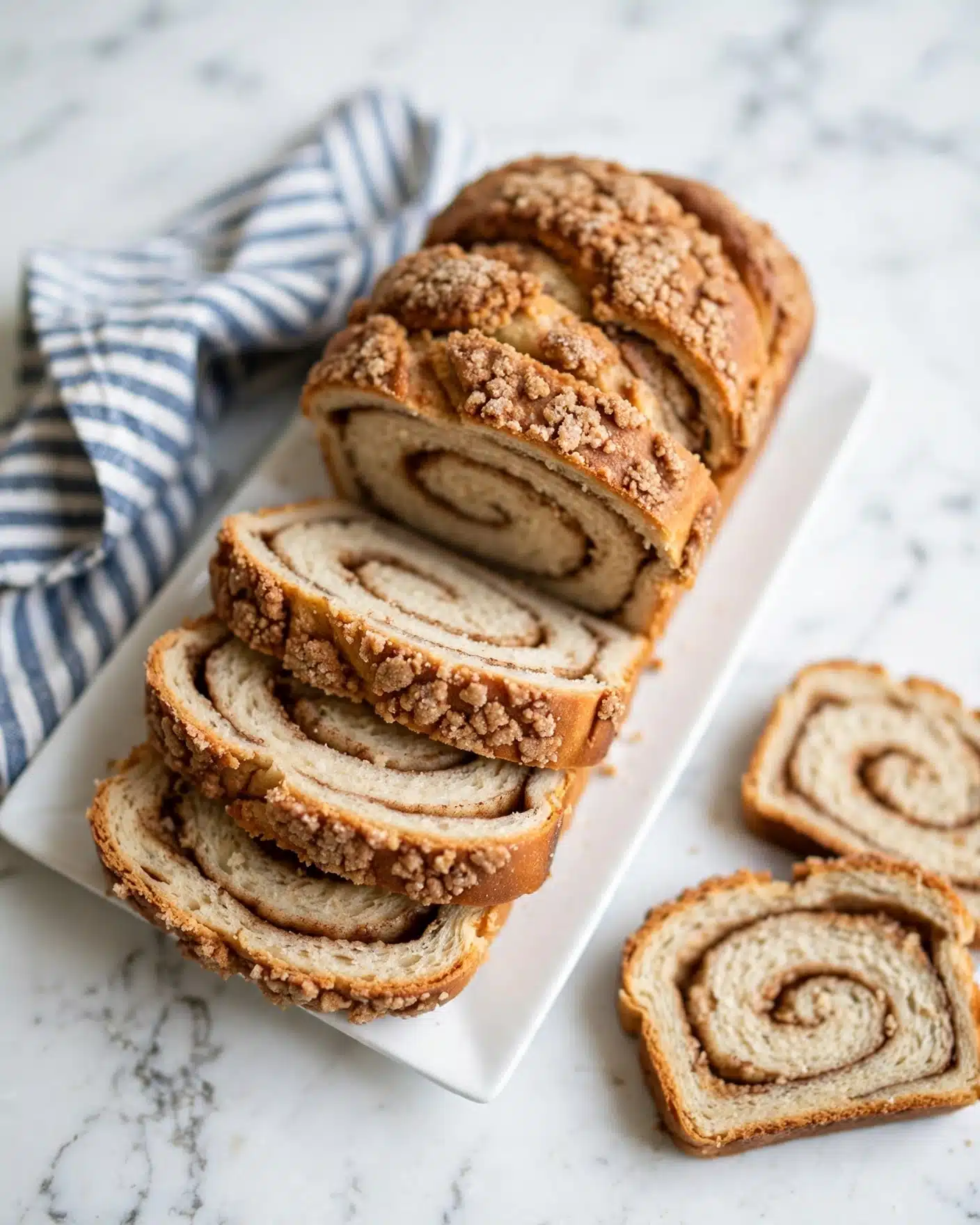 The image shows a sliced cinnamon swirl bread loaf arranged on a white rectangular plate. The bread has a light beige inner crumb with a soft texture, and a darker brown cinnamon swirl running through the center, forming a spiral shape. The crust is golden brown with a crumbly texture and some sugar sprinkled on top. The plate sits on a white marbled surface with a striped cloth napkin nearby. Two slices of bread are placed next to the plate slightly out of focus. Photo taken with an iphone --ar 4:5 --v 7