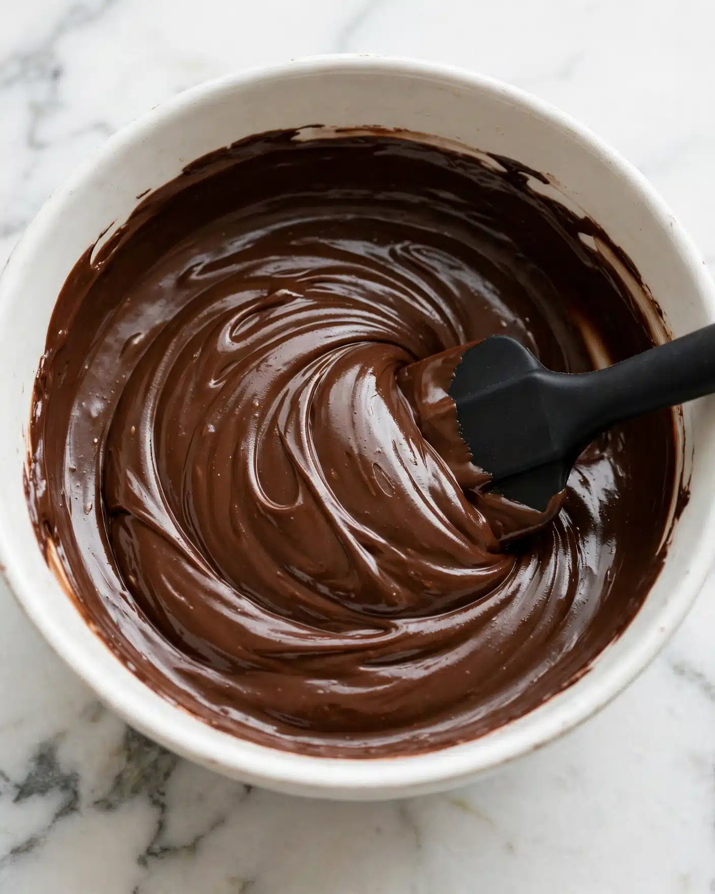 A close-up view of a white bowl filled with thick, smooth dark brown chocolate mixture. The chocolate has a shiny, creamy texture with soft swirls. A black spatula is partially immersed in the mixture, stirring it gently. The bowl sits on a white marbled surface. photo taken with an iphone --ar 4:5 --v 7