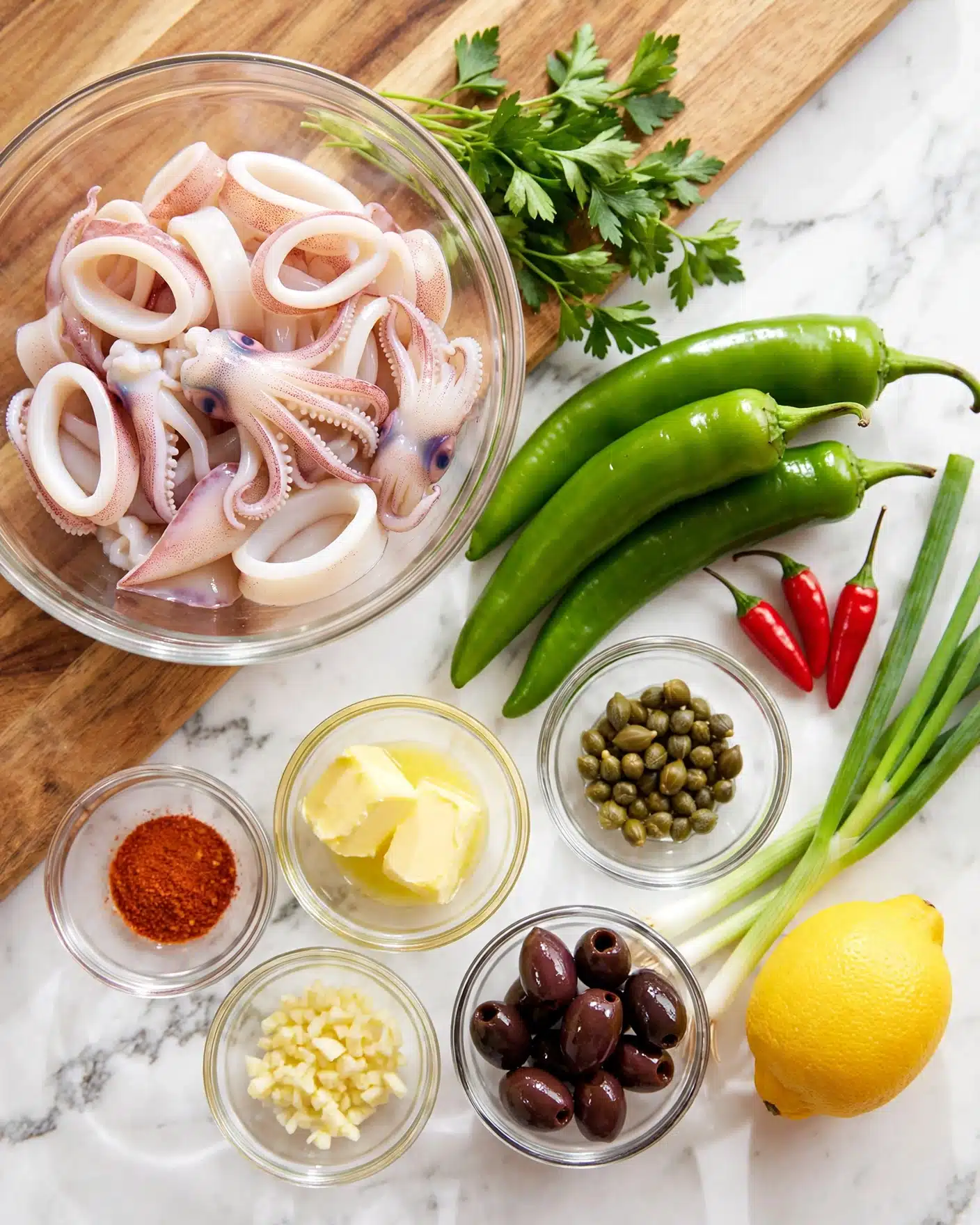 Quick and Easy Spicy Sautéed Calamari with Capers, Olives, and Herbed Breadcrumbs Recipe 4 A clear glass bowl filled with white and light pink squid pieces sits on a wooden surface next to fresh green parsley leaves. Nearby, three large green chili peppers and three small red chili peppers lie next to small clear bowls containing dark black olives, chopped light yellow garlic, green capers, bright yellow butter, and chili powder. Several long green scallions and a yellow lemon are also part of the arrangement, all placed on a white marbled textured surface photo taken with an iphone --ar 4:5 --v 7