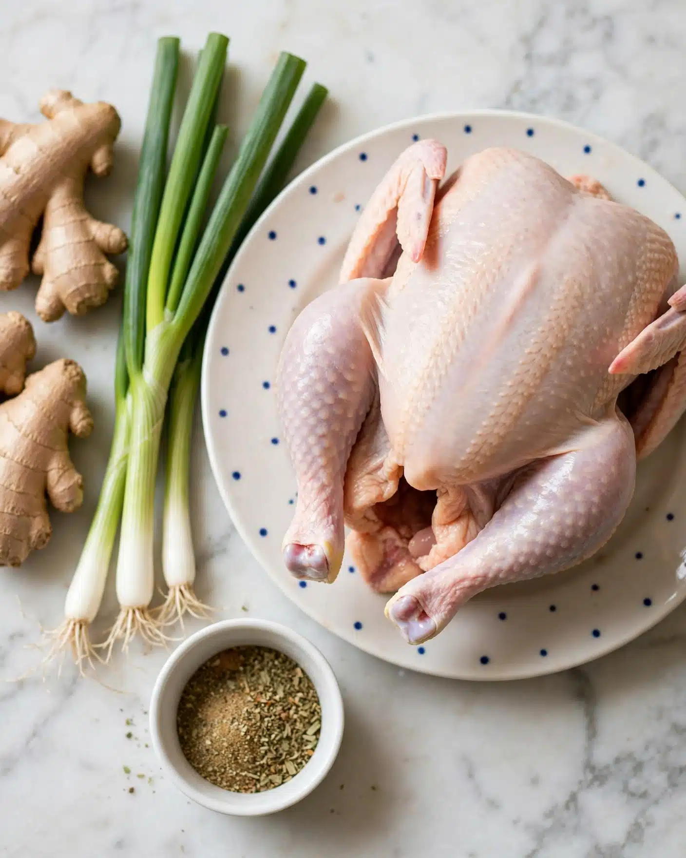A whole raw chicken with pale pink and light beige skin rests on a white plate with small blue dots around the edge, set on a white marbled surface. To the left, several pieces of light brown ginger root with textured skin lay next to fresh green onions with long green stalks and white bulbs. Below the plate, a small white bowl holds a mix of light brown and green spices. The scene is lit softly, highlighting the textures and colors of each item. Photo taken with an iphone --ar 4:5 --v 7