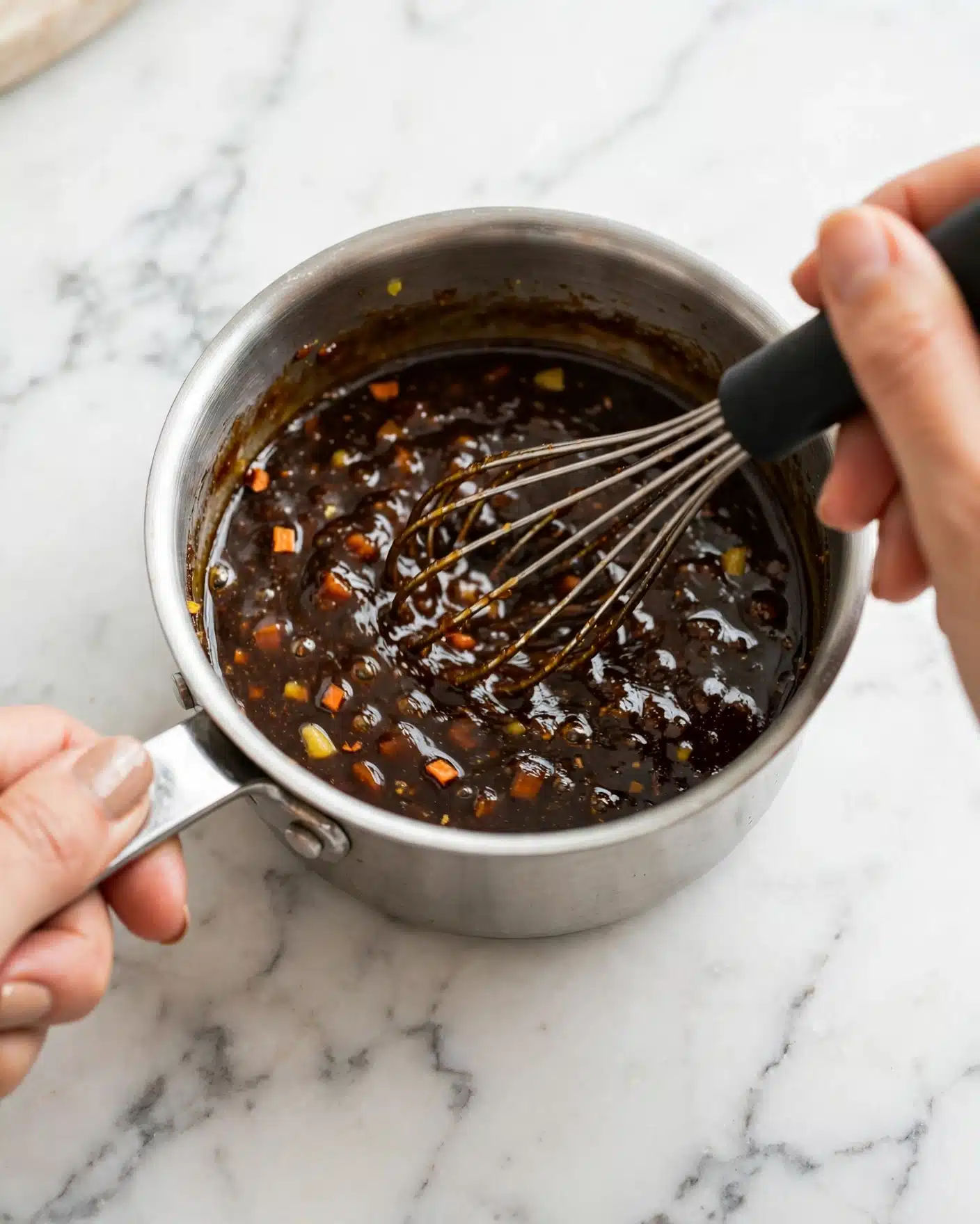 A close-up view shows a small silver pot held by a woman's hand, containing a dark brown sauce with small orange and yellow bits floating in it. Another woman's hand is holding a whisk with a black handle, stirring the sauce. The pot and hands rest on a white marbled surface. The sauce looks shiny and slightly thick. photo taken with an iphone --ar 4:5 --v 7