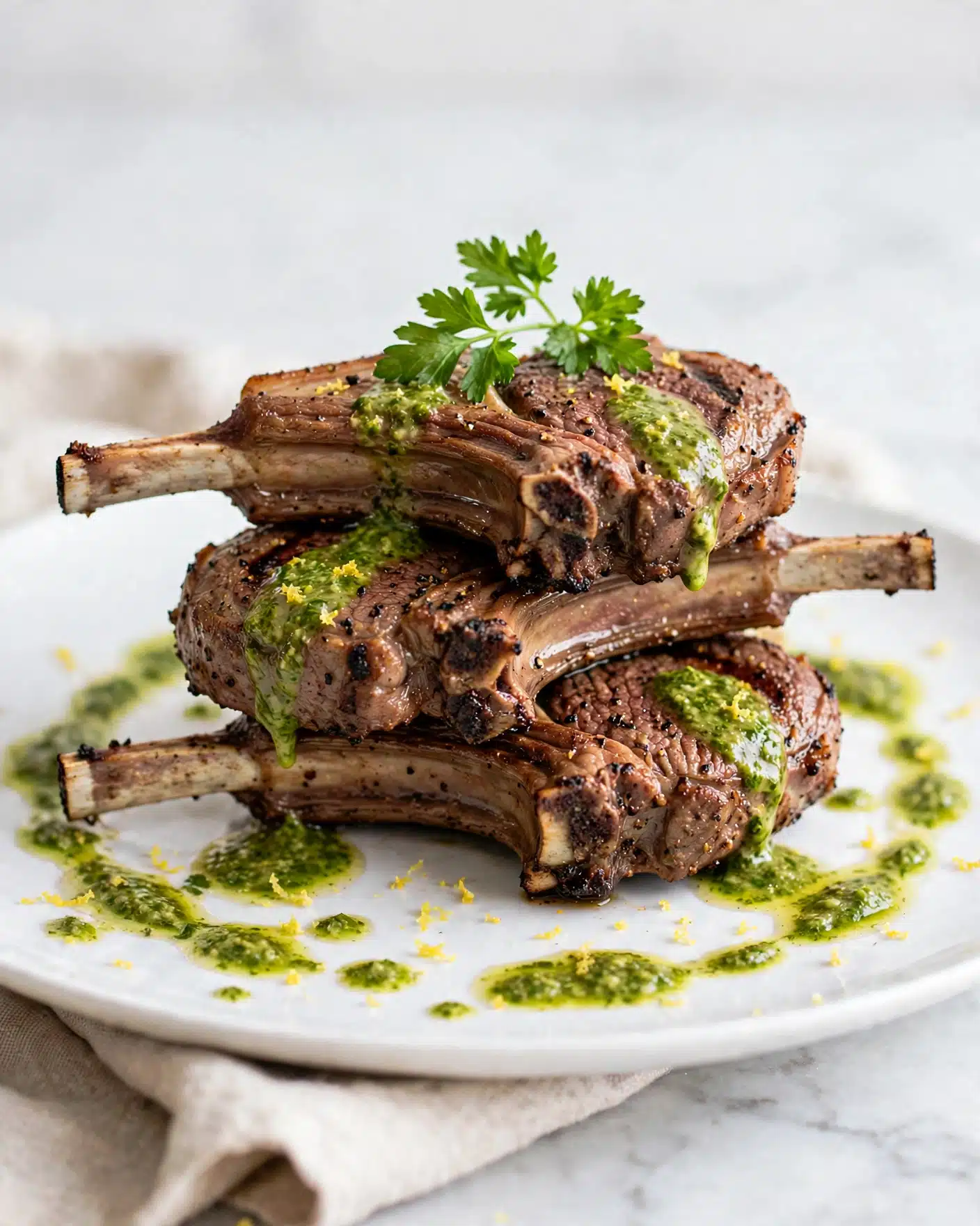 Grilled Lamb Chops with Charmoula Recipe 5 A white plate holds four grilled lamb chops stacked in two layers, showing brown, charred grill marks and juicy textures. Bright green herb sauce is drizzled on and around the meat, adding a fresh, lively color. A small parsley sprig sits on top as garnish, and tiny yellow lemon zest bits are scattered nearby. The plate rests on a white marbled surface, creating a clean and elegant background. Photo taken with an iphone --ar 4:5 --v 7