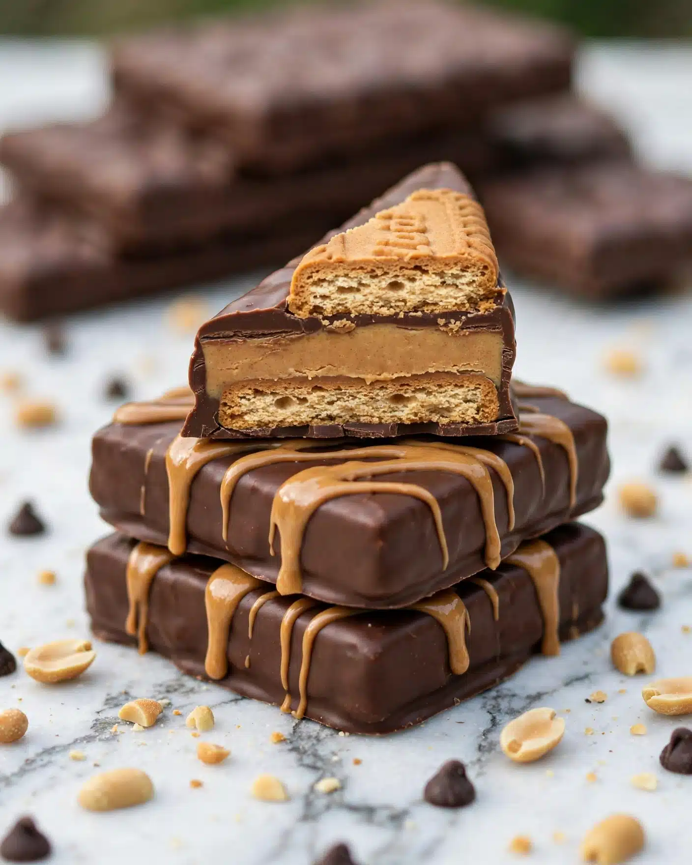 The image shows a stack of four chocolate peanut butter bars on a white marbled surface. The two bottom bars are whole, covered in a dark chocolate coating with light brown peanut butter drizzle on top. The top two bars are cut in half horizontally, revealing three layers inside: a dark chocolate outer layer, a golden brown peanut butter filling in the middle, and a crunchy light brown biscuit layer on top and bottom. Around the stack, there are scattered chocolate chips and peanuts, with a soft blurred background. Photo taken with an iphone --ar 4:5 --v 7