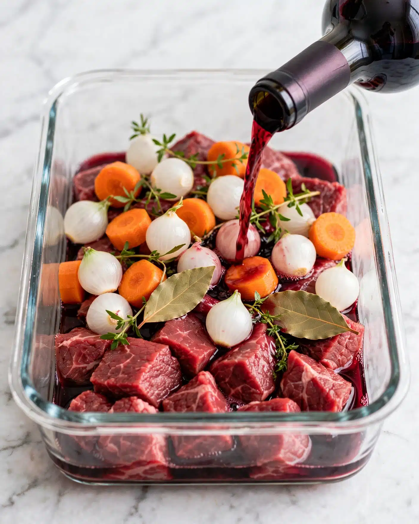 A clear rectangular glass container filled with an even mix of thick red raw beef chunks at the bottom. On top, there are small whole white onions and thick-cut bright orange carrot pieces scattered evenly. Among the vegetables, there are green herbs with thin leaves and a couple of greenish-brown bay leaves. A dark purple wine bottle is tilted pouring red wine over the contents, visible as a deep red liquid spreading around the edges. The container sits on a white marbled surface. photo taken with an iphone --ar 4:5 --v 7