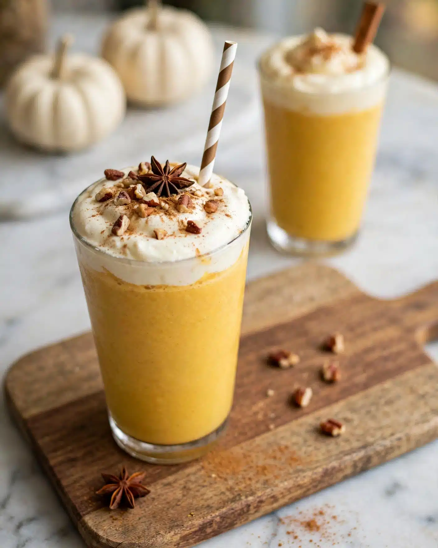 Healthy Pumpkin Spice Protein Smoothie Recipe 5 A tall clear glass filled with a thick orange-yellow smoothie, topped with a thick white cream layer sprinkled with light brown cinnamon powder and small crunchy brown nut pieces, and a single dark brown star anise on top. A white and brown striped paper straw is placed standing in the cream. The glass sits on a wooden board on a white marbled surface. In the background, there are two small white pumpkins and another glass with the same smoothie slightly out of focus. Photo taken with an iphone --ar 4:5 --v 7