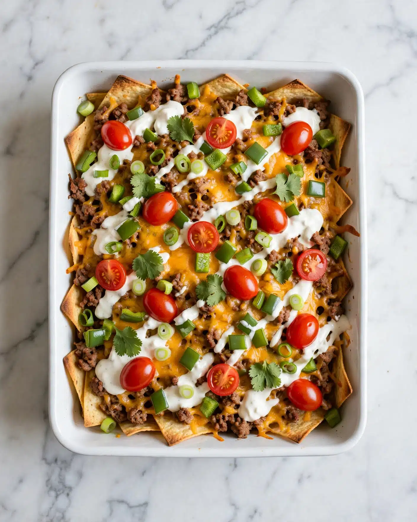 Best Nachos Supreme Recipe 5 A white rectangular dish is filled with layers of food starting with a base layer of golden tortilla chips, topped with browned ground meat mixed with melted orange cheddar cheese. Over this, pieces of bright green chopped bell pepper and sliced green onions are spread throughout. On top, halved shiny red cherry tomatoes are placed evenly, drizzled with creamy white sauce. The dish is garnished with small green cilantro leaves for a fresh touch. The dish sits on a surface with a white marbled texture. Photo taken with an iphone --ar 4:5 --v 7