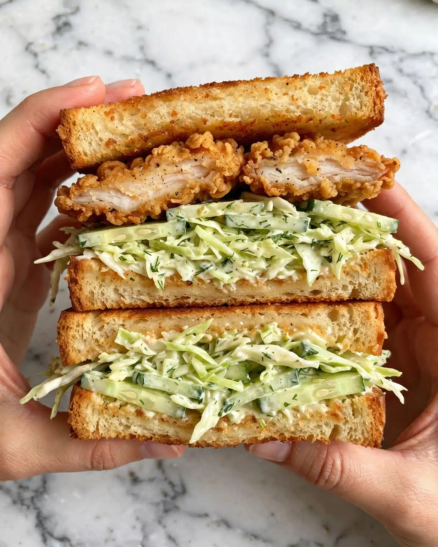A thick sandwich is held by a pair of woman's hands, showing a close-up view of its inside layers. The sandwich has three main layers of toasted golden-brown bread with a slightly crispy texture. Between the top and middle slice, there is a thick piece of crispy fried chicken with a light golden crust, followed by a layer of shredded pale green cabbage mixed with sliced cucumbers, adding fresh green tones. The middle and bottom bread slice enclose another similar layer of shredded cabbage and cucumber. The background is a white marbled texture, highlighting the sandwich's colors and textures clearly. Photo taken with an iphone --ar 4:5 --v 7