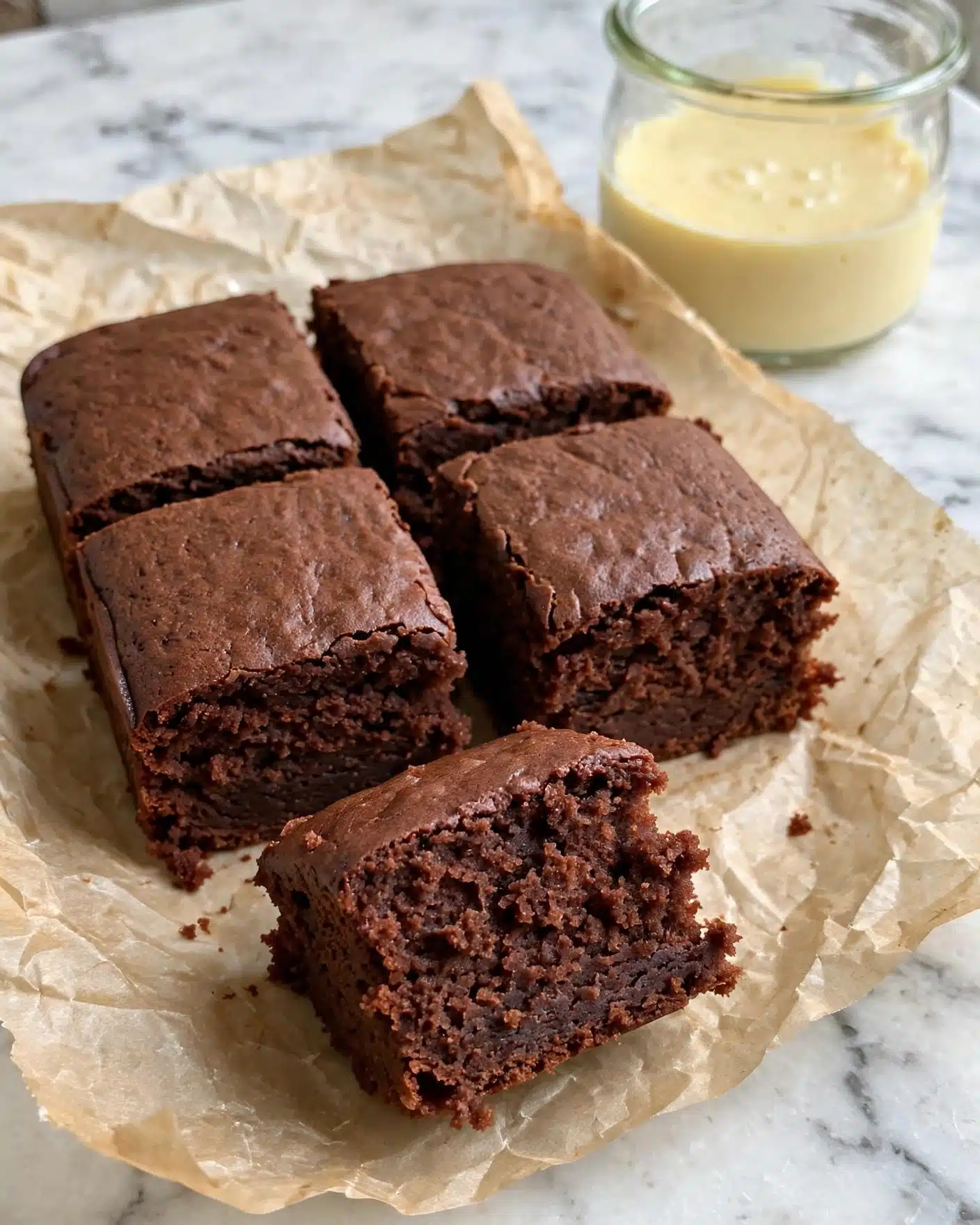 A close-up of a thick chocolate cake that is cut into six square pieces. One piece is slightly pulled out in front, showing its moist and soft texture with dark brown color. The cake sits on a piece of parchment paper that is wrinkled. In the background, there is a transparent glass container with pale yellow cream or sauce inside. All items are on a white marbled surface. Photo taken with an iphone --ar 4:5 --v 7
