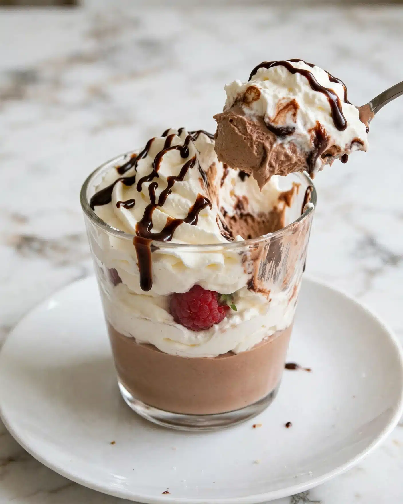 Cottage Cheese Chocolate Mousse Recipe 5 Two small clear glass jars hold a creamy chocolate mousse layer filling about three-quarters of each jar. On top of the mousse, there is a layer of white whipped cream with a smooth texture, drizzled with dark chocolate syrup and sprinkled with small bits of chocolate. Each jar is topped with one bright red raspberry, adding a pop of color. Around the jars on a white marbled surface are more fresh raspberries scattered loosely. A silver spoon lies nearby with a raspberry placed on it. Photo taken with an iphone --ar 4:5 --v 7