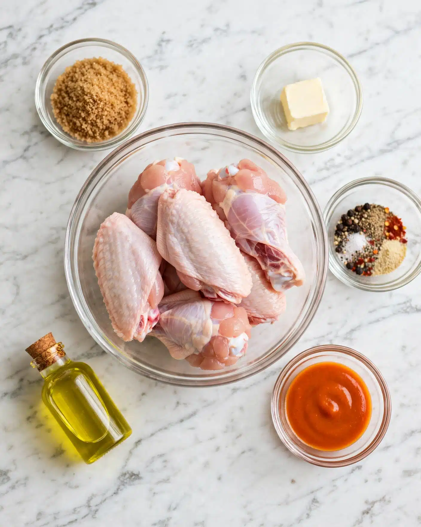 A clear bowl filled with raw chicken wings, pale pink with smooth skin and some white fat parts, is placed on a white marbled surface. Surrounding the bowl are five smaller clear glass bowls, each holding different ingredients: one with brown sugar granules, one with a small white cube of butter, one with a mix of colorful spices including black, white, beige, and red powders, one with an orange sauce, and a small clear glass bottle of yellow oil. The arrangement is neat, and all items stand out clearly against the white marbled texture photo taken with an iphone --ar 4:5 --v 7